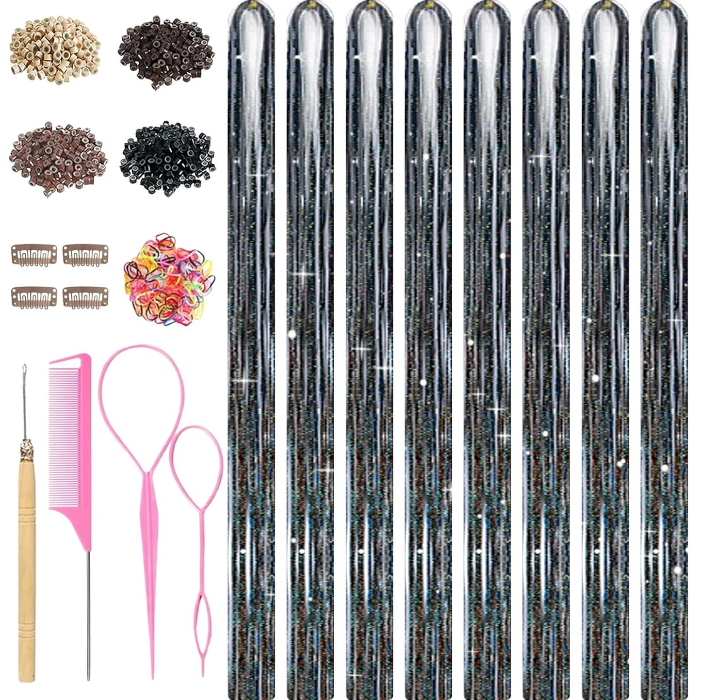 Coffee Brown Hair Tinsel Kit - 8 Pcs 48 Inch Glitter Hair Extensions for Parties & Festivals