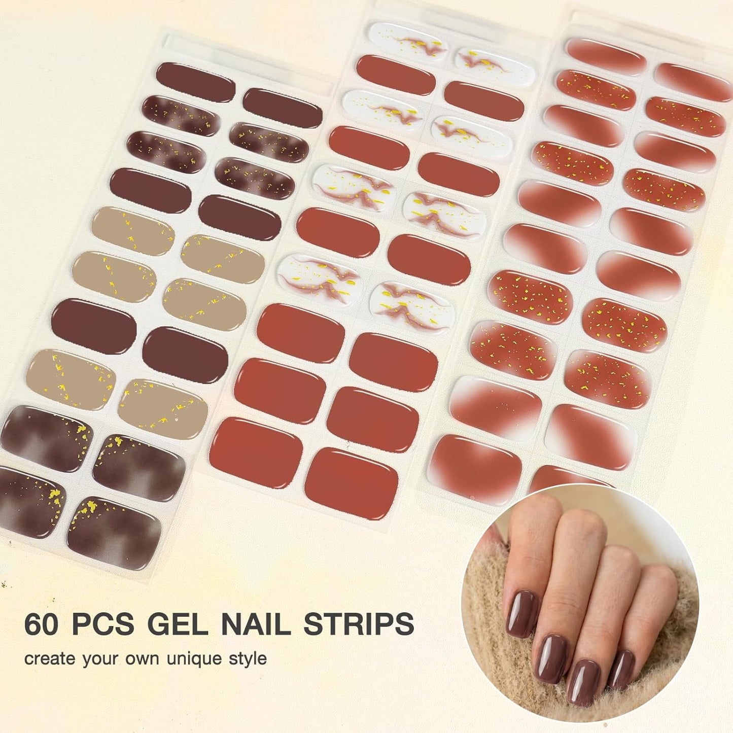 Burgundy Red Gel Nail Strips - 3pcs Semi-Cured UV Press-On Wraps with Gold Glitter | Easy Apply & Remove for DIY Nail Art