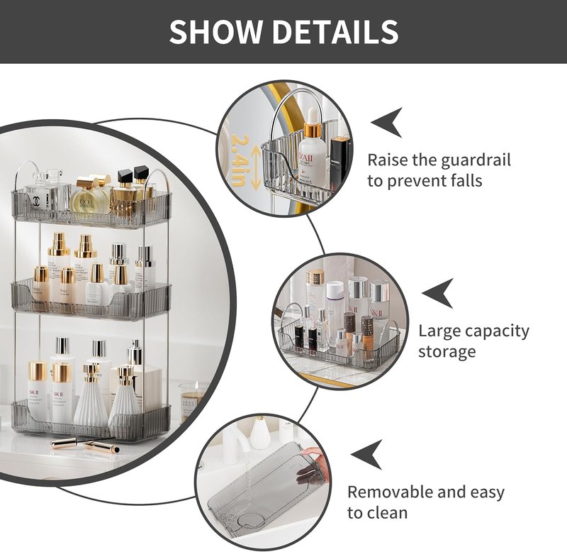 3-Tier Bathroom Organizer - Countertop Makeup & Perfume Tray | Skincare Storage for Vanity (Grey)