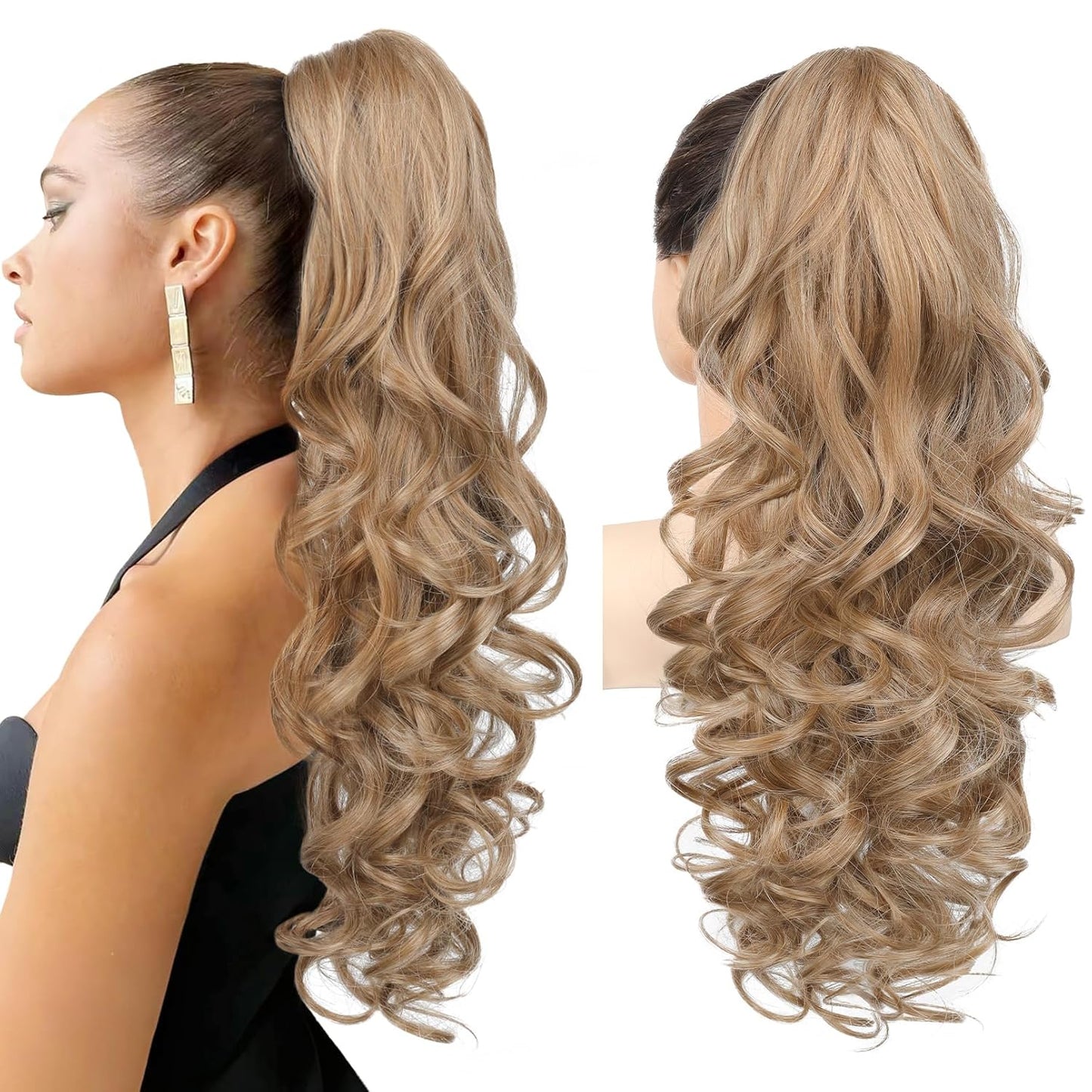 Ponytail Extension - 24" Claw Clip In Long Curly Wavy Hairpiece | Medium Blonde with Highlights