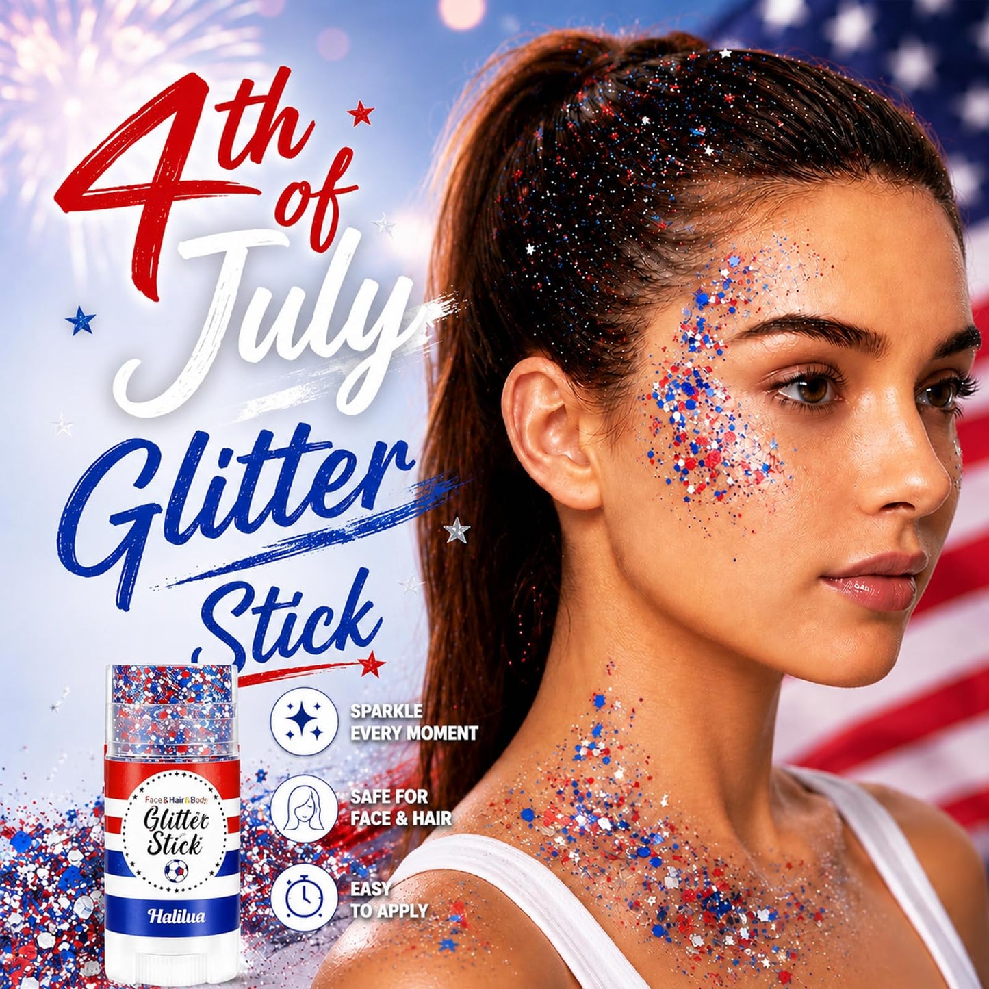 4th of July Glitter Stick, Body Hair Face Glitter Stick, Fourth of July Outfits and 250th Anniversary Accessories, Patriotic USA Flag Accessories for Women, Red White and Blue Waterproof Hair Glitter
