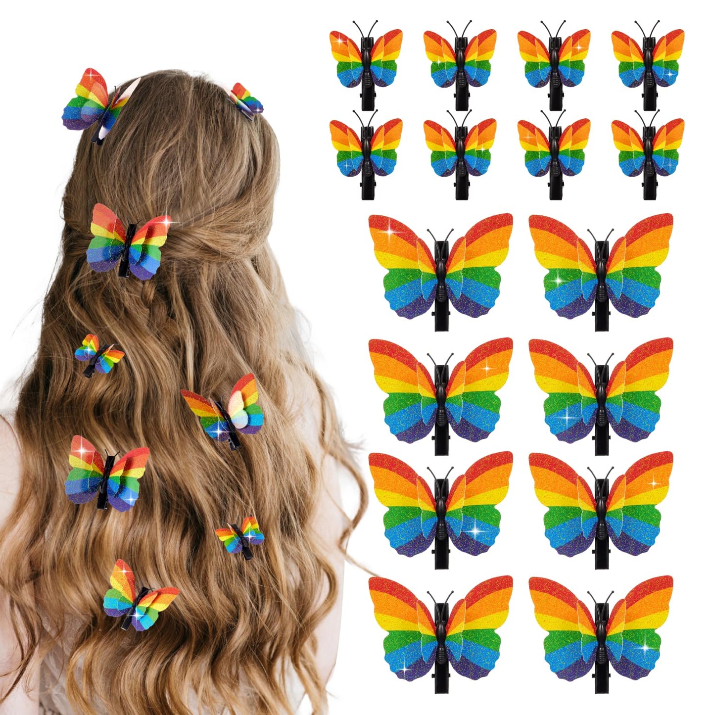 16PCS Pride Rainbow Glitter Butterfly Hair Clips – 8 Large & 8 Small with Foldable Wings for Pride Parade, Rainbow Hair Accessories for LGBTQ Day Celebration Outfit