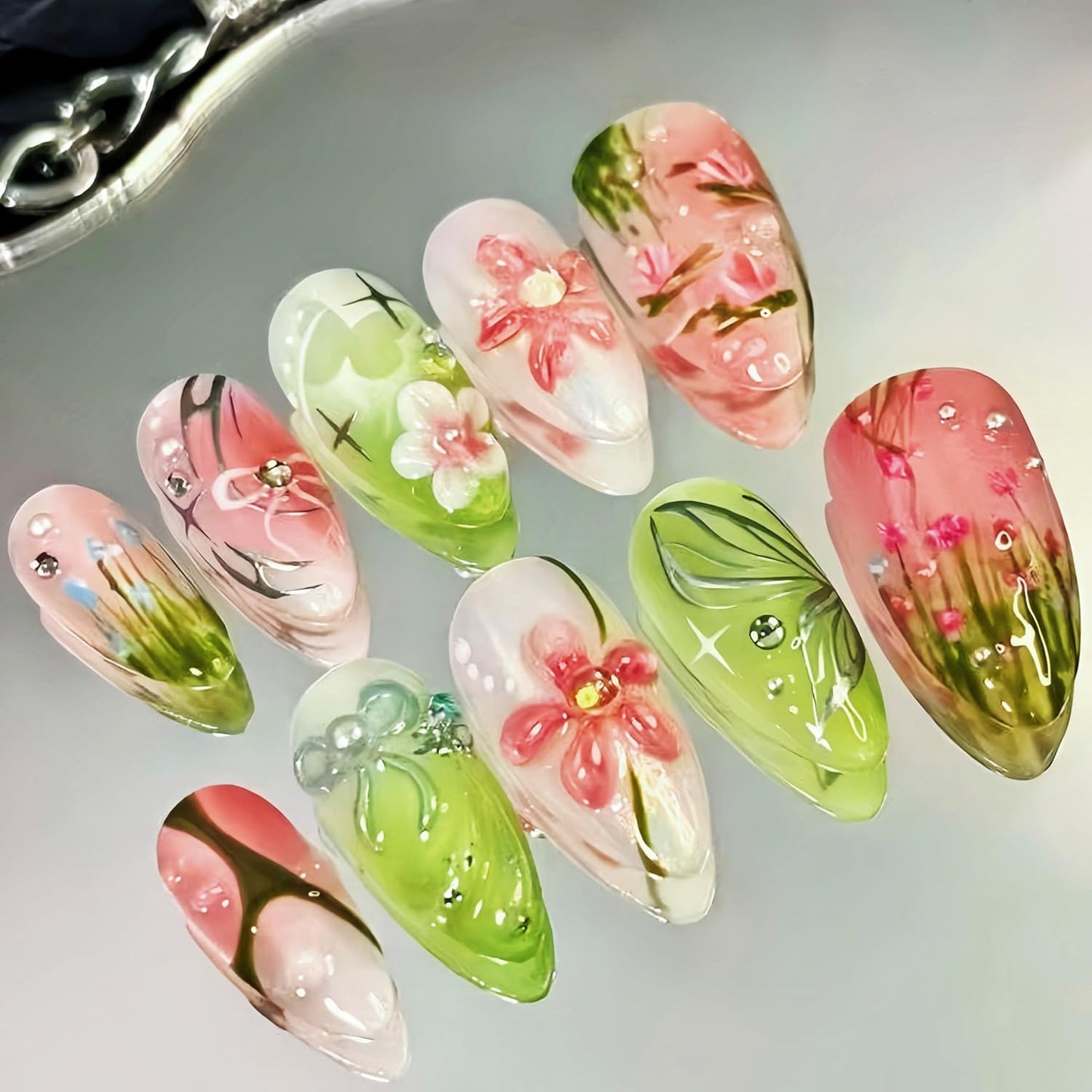 3D Handmade Press-On Nails - Summer Starfish & Flower Design | Medium Almond Full Cover Set
