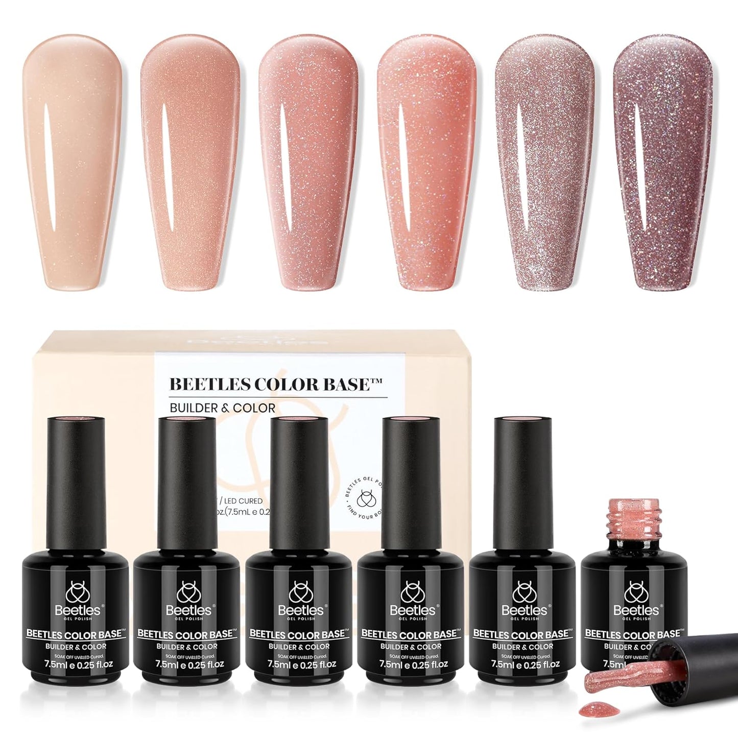 Beetles Base Color Gel Nail Polish Set - 6 Nude Shades | 5-in-1 Builder Rubber Base Coat for Strengthening Natural Nails
