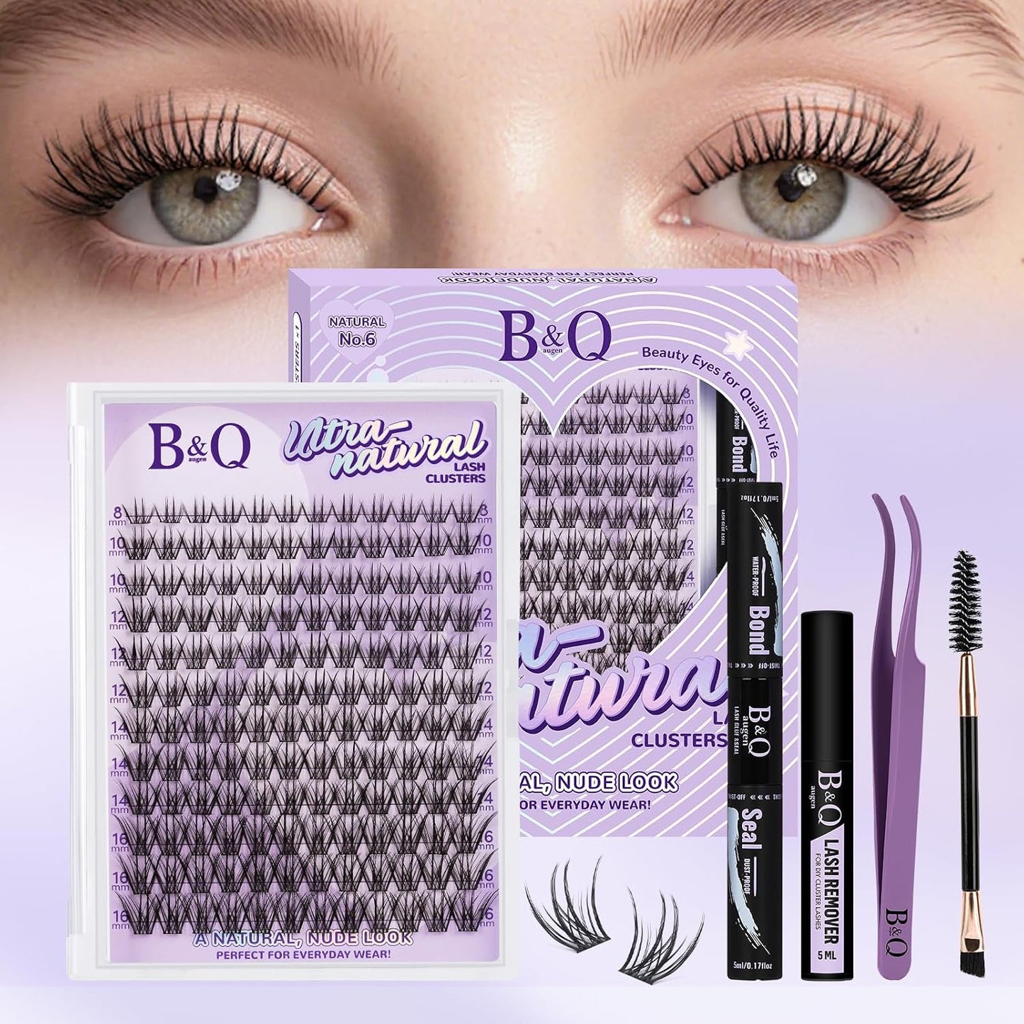 Eyelash Extension Kit - 10-18mm D Curl Lash Clusters with Bottom Lashes | DIY Bond & Seal Applicator