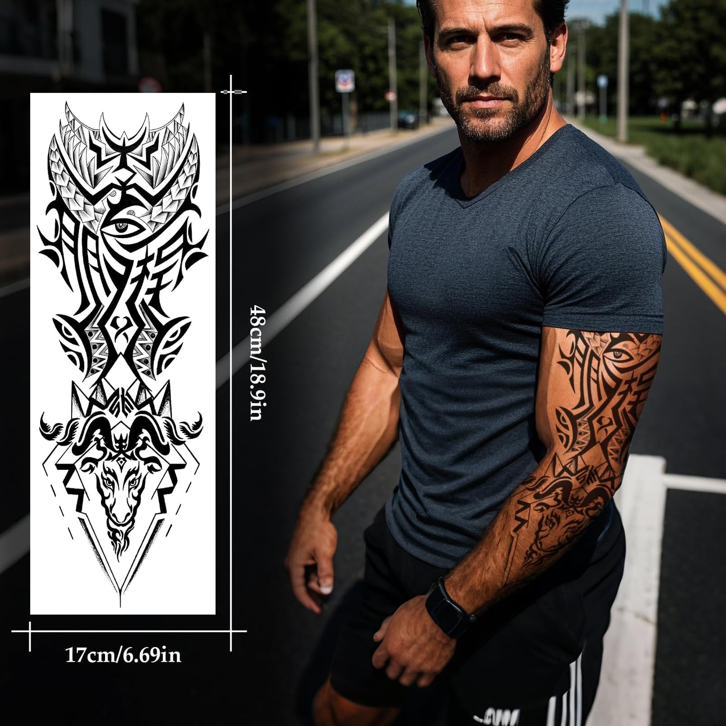 VERKSTAD 8 Sheets Black Full Arm Temporary Tattoos for Men Adults, Temp Millitary Sleeve Tattoo For Women, Waterproof Totem Body Arm Chest Shoulder Tortoise Dragon Fake Scary Tattoo Stickers Animal