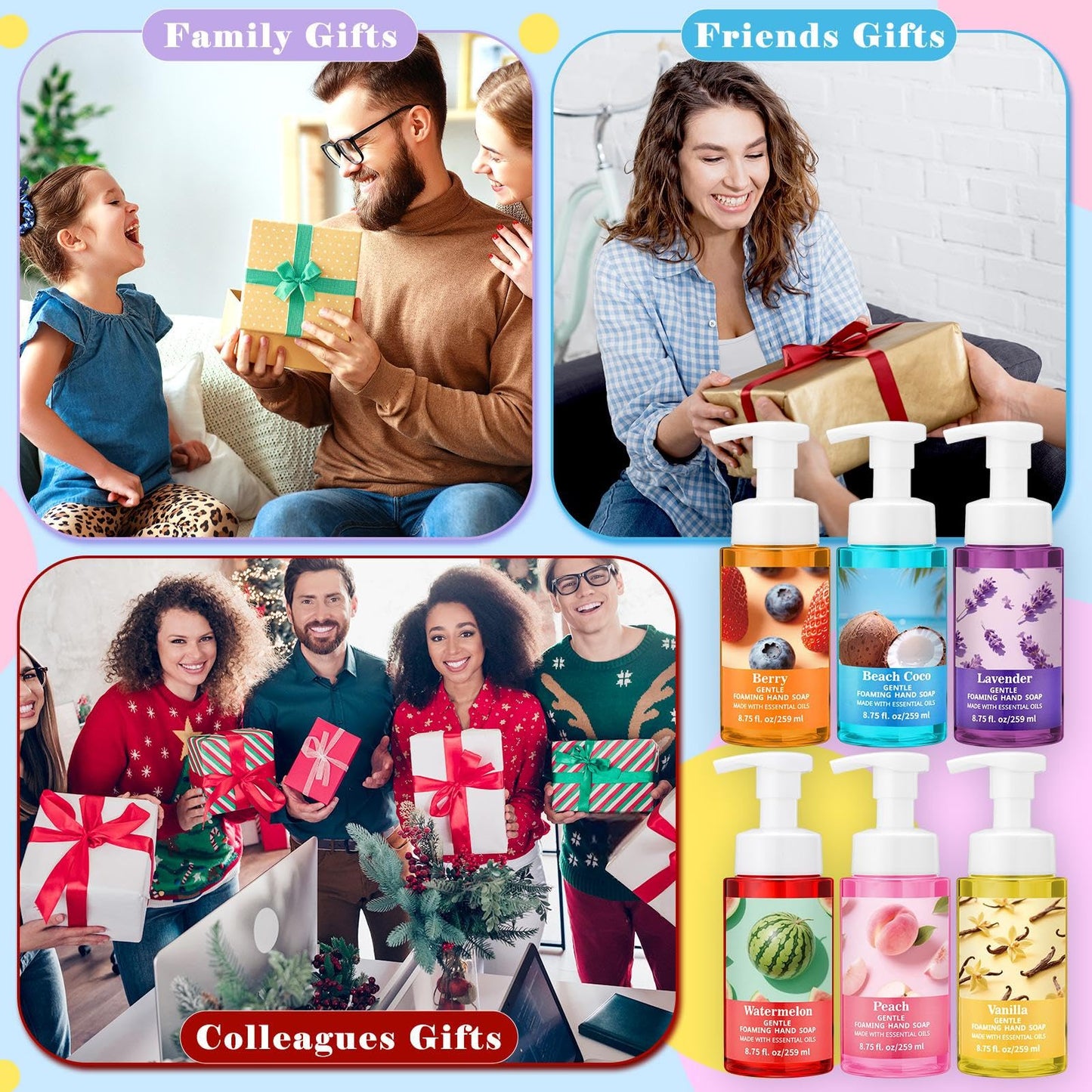6 Pack Foaming Hand Soap with Pump Care Moisturizing Liquid Fruity Scented Foam Hand Wash Teacher Appreciation Gift Bulk Mother's Gift for Kitchen Bathroom Family Nurse Doctor Employee 8.75 Fl. oz