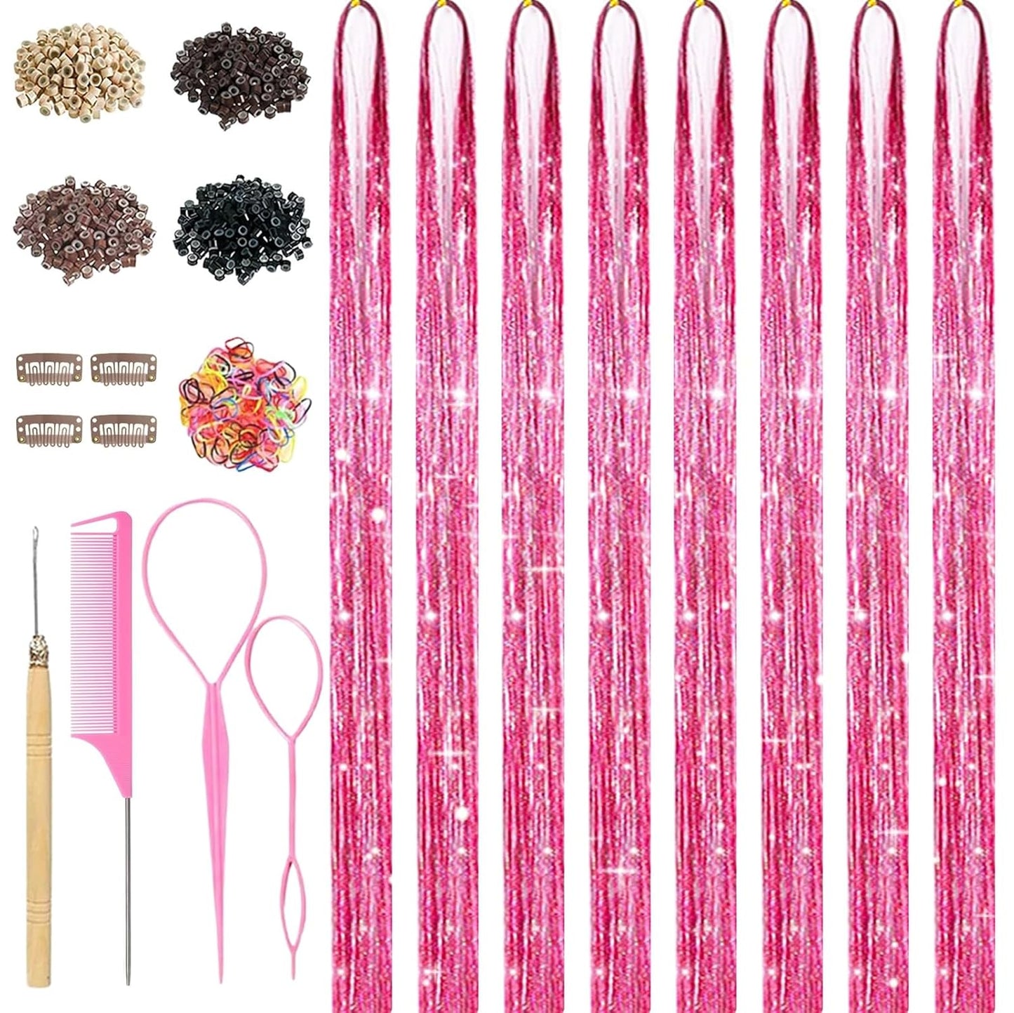 Pink Hair Tinsel Kit - 8 Pcs 48-Inch Glitter Strands for Girls & Women | Hair Accessories for Parties & Festivals