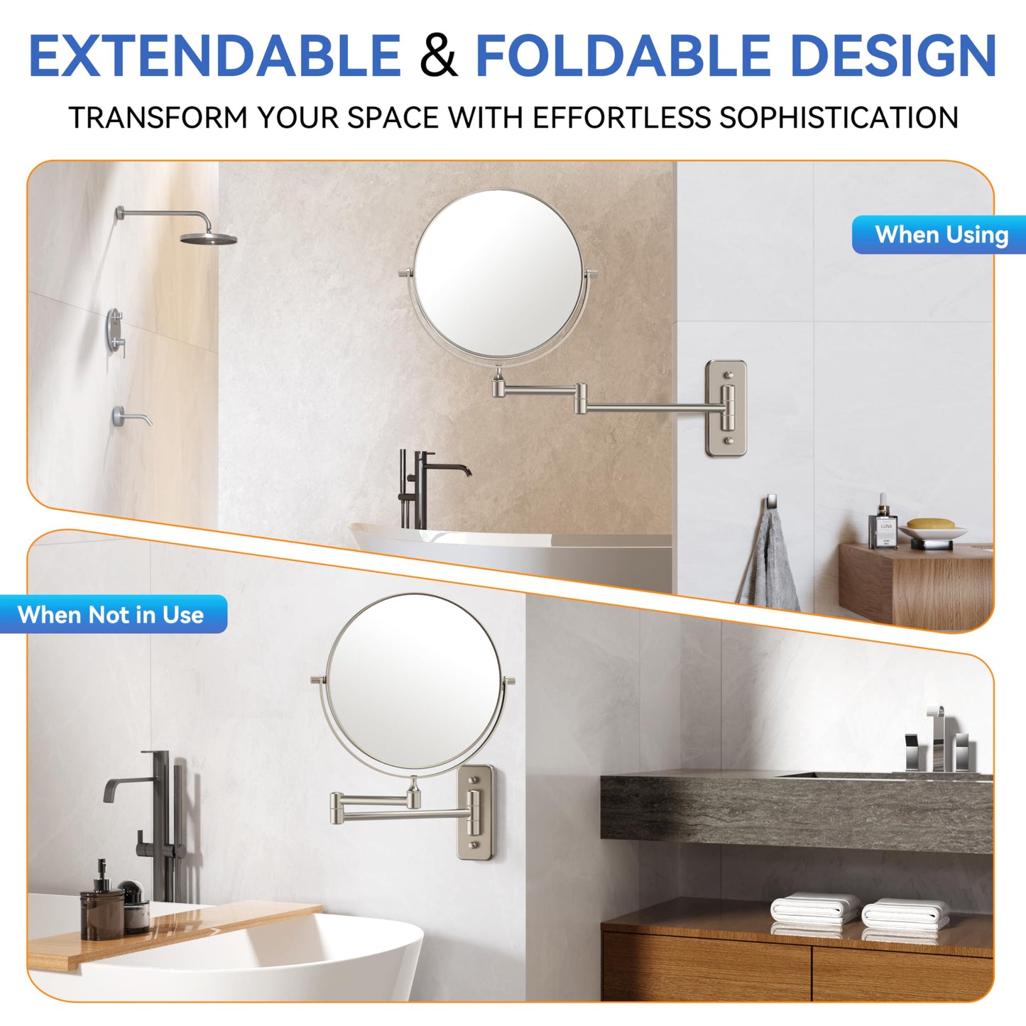 Auxmir 1X/30X Wall Mounted Makeup Mirror, Double-Sided Magnifying Mirror with Tweezers, Bathroom Makeup Mirror, Cosmetic Vanity Mirror with 360 Rotation Extendable Swivel Arm, Nickel