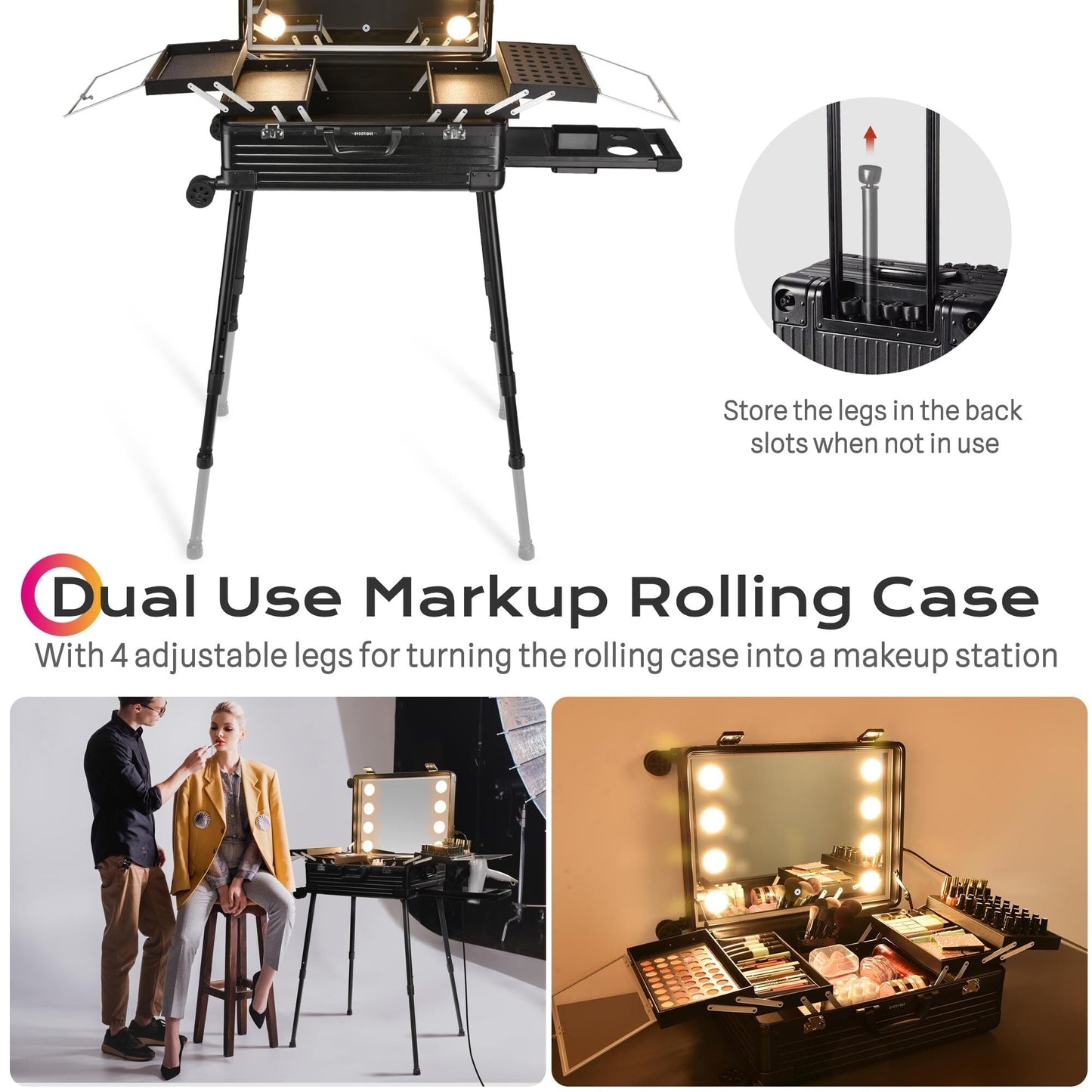 BYOOTIQUE Rolling Makeup Case with LED Lighted Mirror 24 Inch Professional