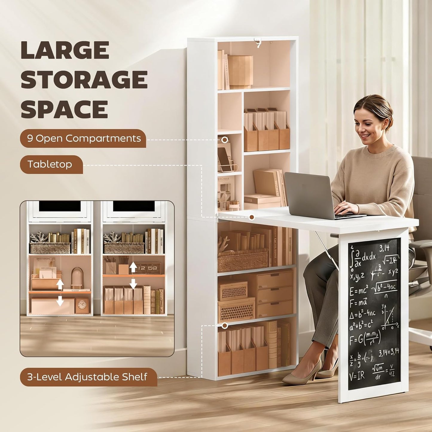 Convertible Writing Table - Foldable Wall-Mounted Computer Desk with Storage Shelves | Space-Saving Design for Small Spaces, White