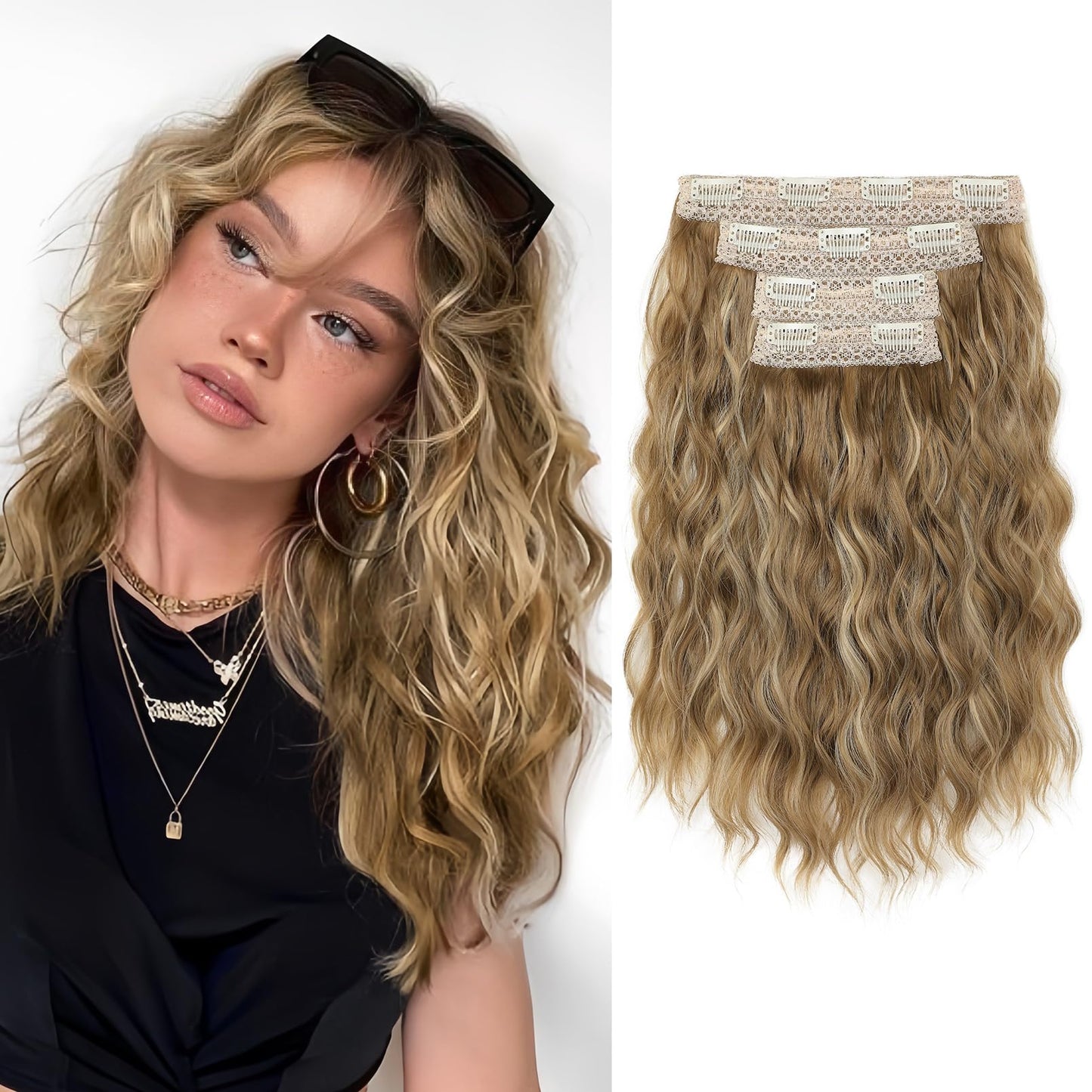 REECHO Clip in Hair Extensions, 4PCS Hair Extensions 14" Short Wavy Invisible Lace Weft Natural Soft Hairpieces for Women – Light Brown with Blonde Highlights