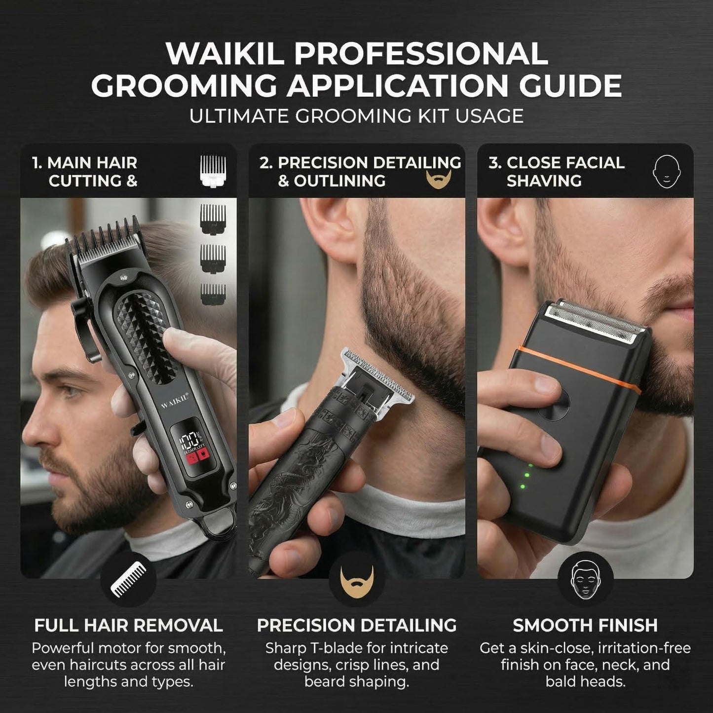 WAIKIL Men's Hair Clippers Set,Cordless Hair Trimmer & Foil Shaver Kit with LCD Display,Professional Barber Clippers for Men,Beard Trimmer,T-Outliner,Rechargeable Grooming Kit with Guide Combs