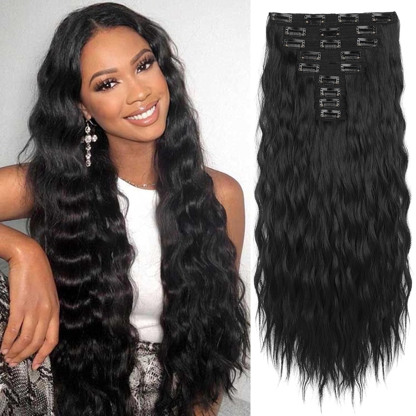 Clip In Hair Extensions - 24" Thick Long Loose Waves | Invisible Lace Weft, Natural Soft Hairpieces - Chocolate Brown with Blonde Highlights