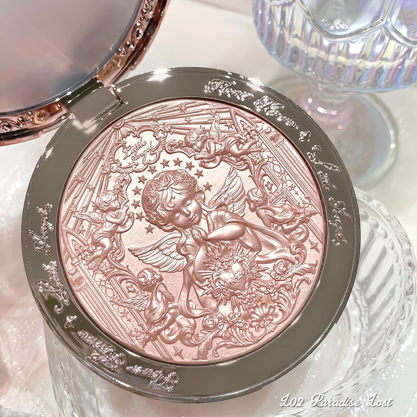 Little Angel Embossed Highlighter - Rose Champagne Powder | Warm Rose Gold, Pearly Shimmer, Long-Lasting Glow