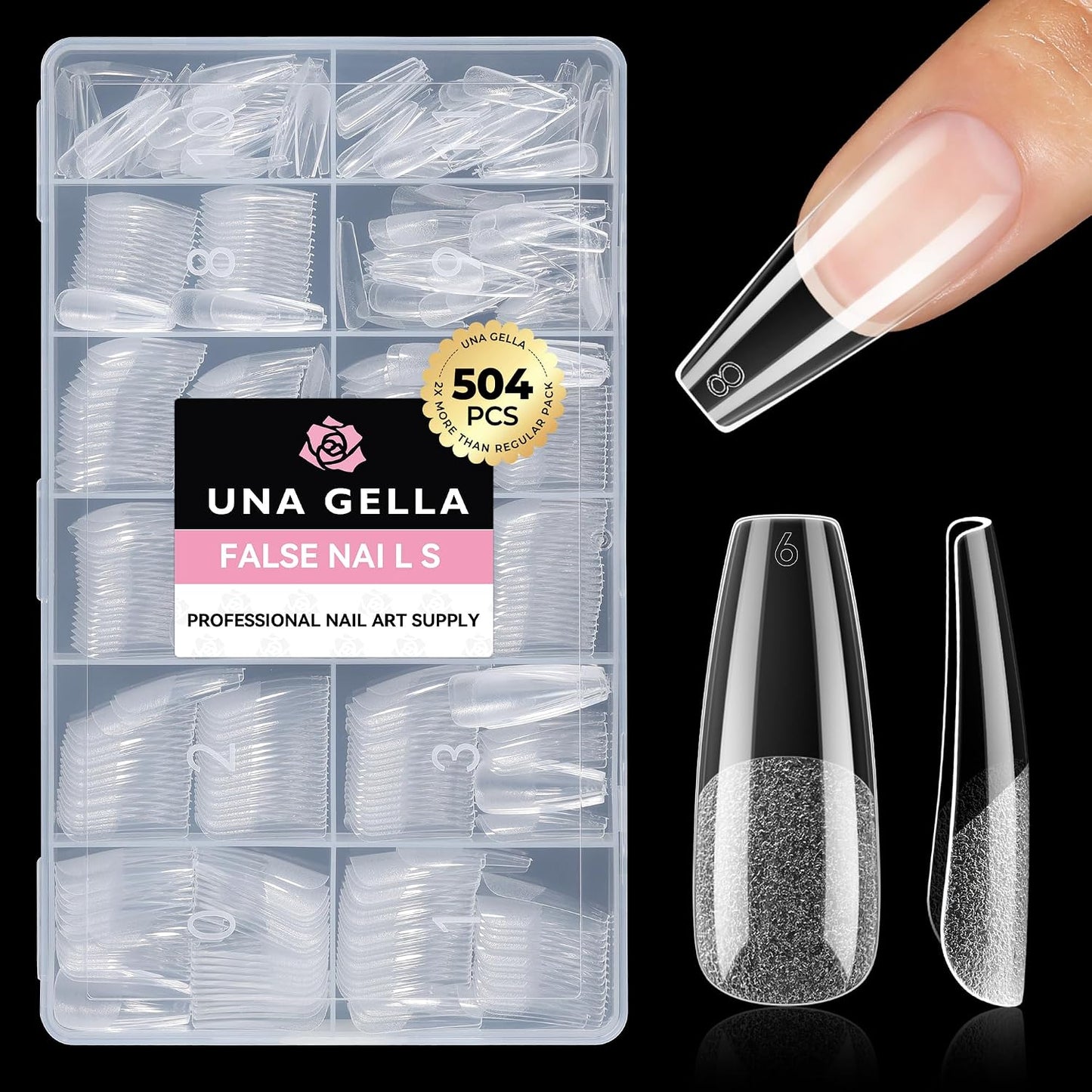Medium Stiletto Press-On Nails - 504 Pcs Clear Gel Nail Tips | Full Cover Pre-Etched Acrylic, 12 Sizes Available