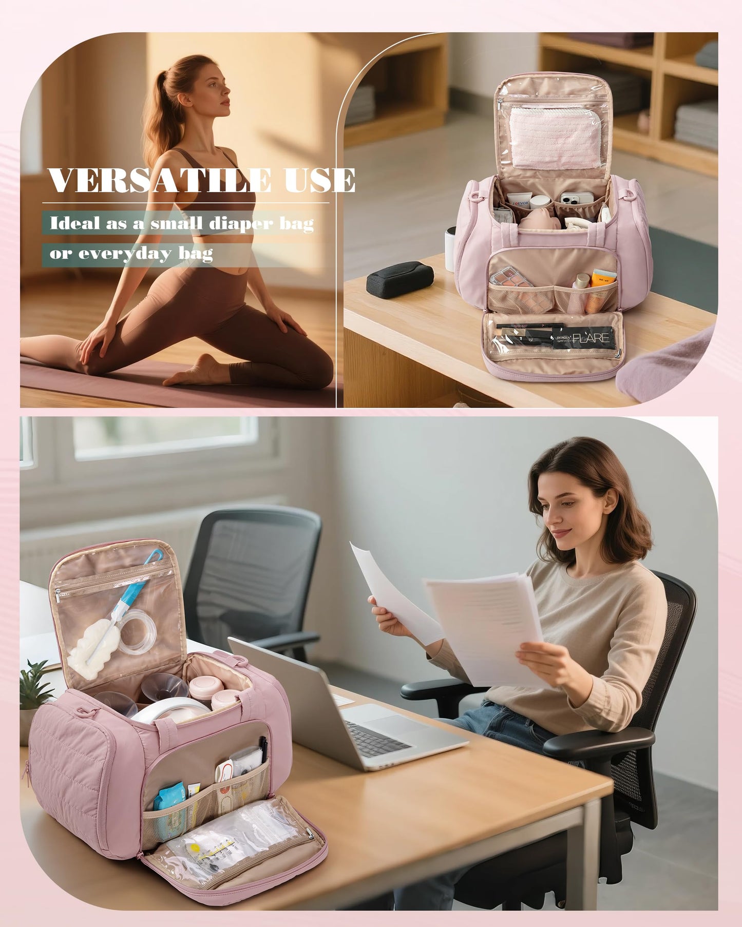 Marscamd Quilted Breast Pump Bag Compatible with Spectra S1 and S2, Pumping Bag with Cooler Compartment and a Drying Mat, Pink