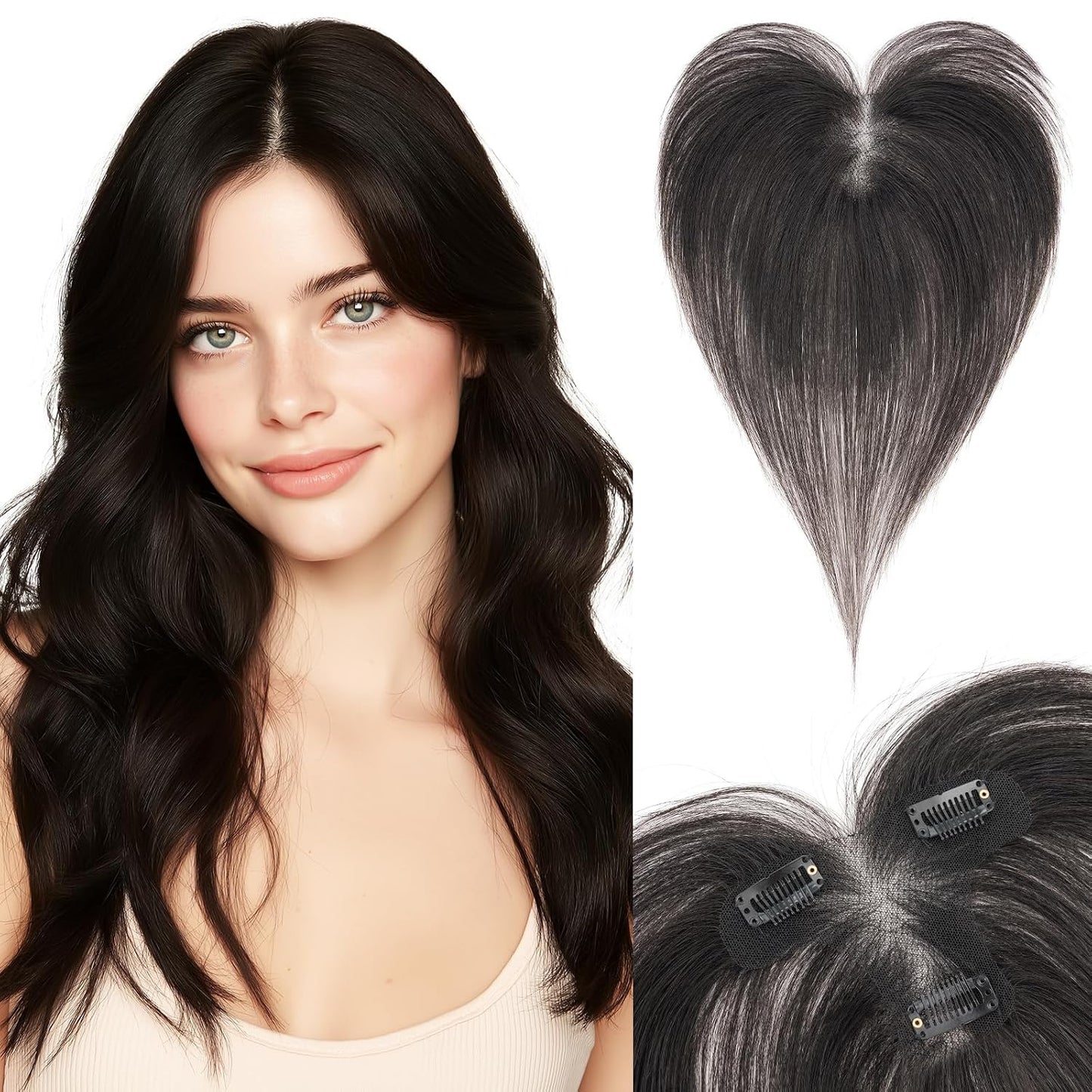 Human Hair Topper for Women - Lace Clip-In Hairpiece for Thinning Hair | Volume Boosting, 11 Inch Natural Black