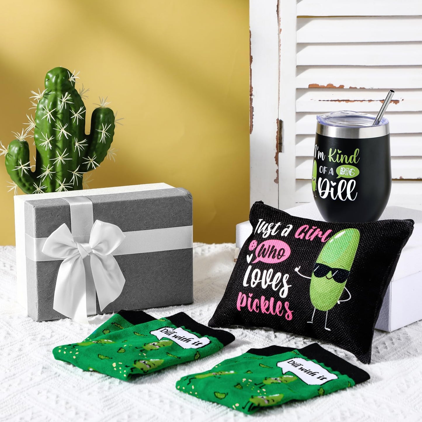 Soaoo Funny Pickle Gifts Set for Women Just a Girl Who Loves Pickle Gifts for Lover Makeup Bag 12 oz Stainless Steel Tumbler Sock Present Box for Back to School Christmas Birthday(Green and Black)