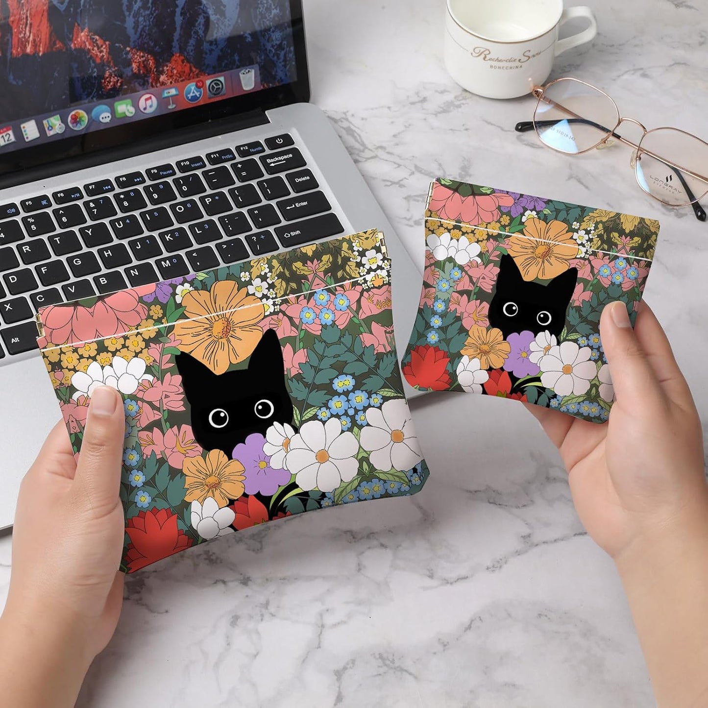 Small Makeup Bag Set - 2 PCS PU Leather Cosmetic Organizers | Portable Travel Pouch for Women - Floral & Cat Design