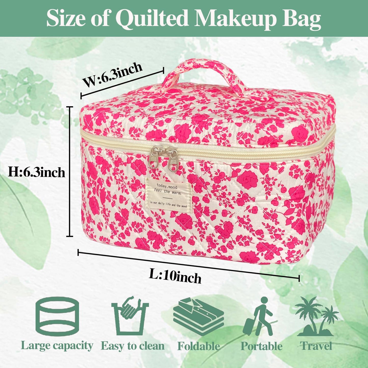WYJ Rose Red Large Quilted Floral Makeup Bag Cute Soft Coquette Aesthetic Cosmetic Bag Cotton Travel Toiletry Bag for Women