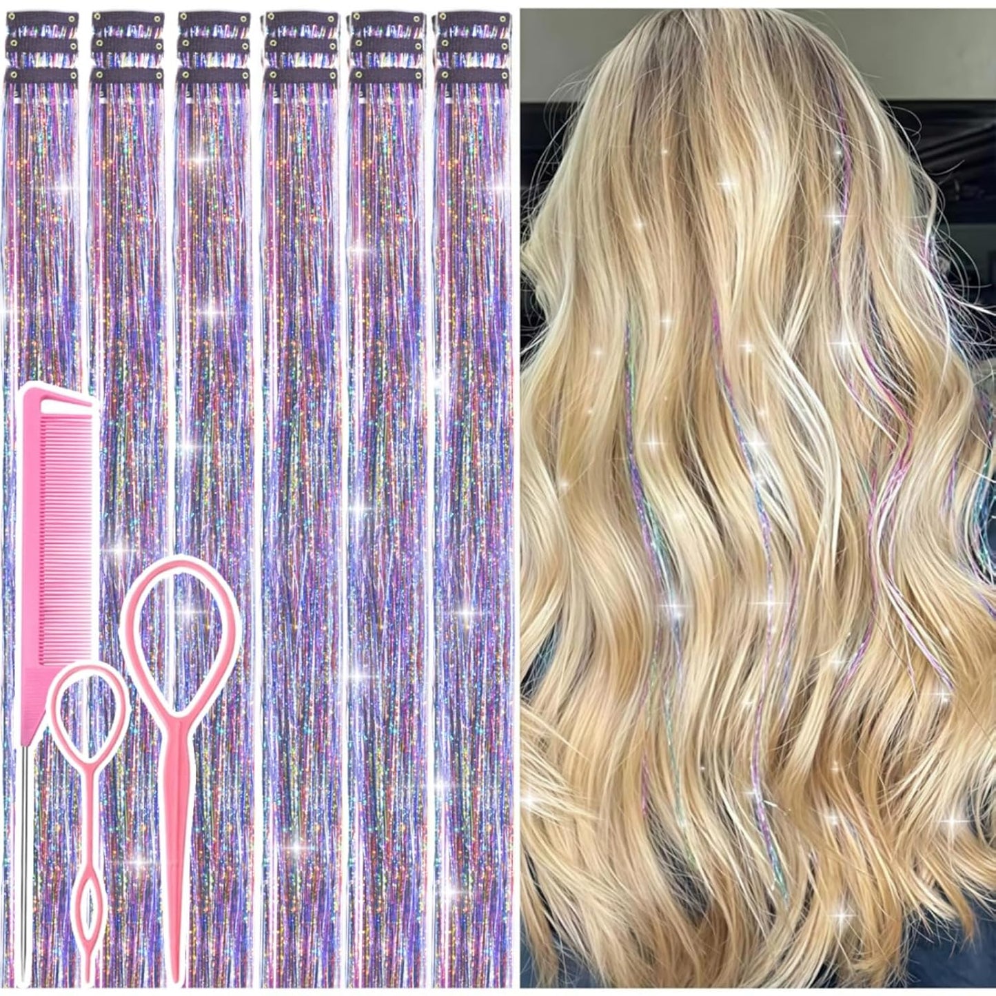 Hair Tinsel Kit - 12 Pcs 24 Inch Gold Glitter Clip-In Hair Extensions for Girls & Women | Perfect for Christmas & New Year Parties
