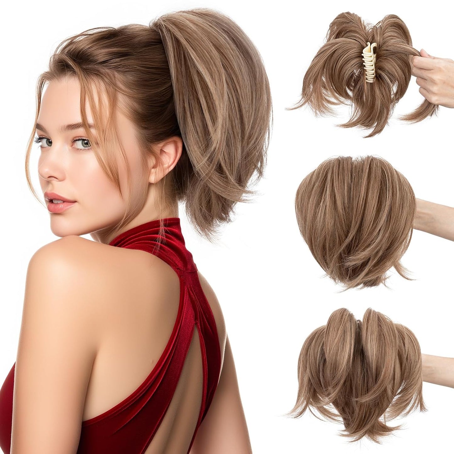 Claw Clip Short Ponytail Hair Extensions - Messy Bun Hair Piece for Women | DIY Bendable Synthetic Hair #12 Light Chocolate Brown