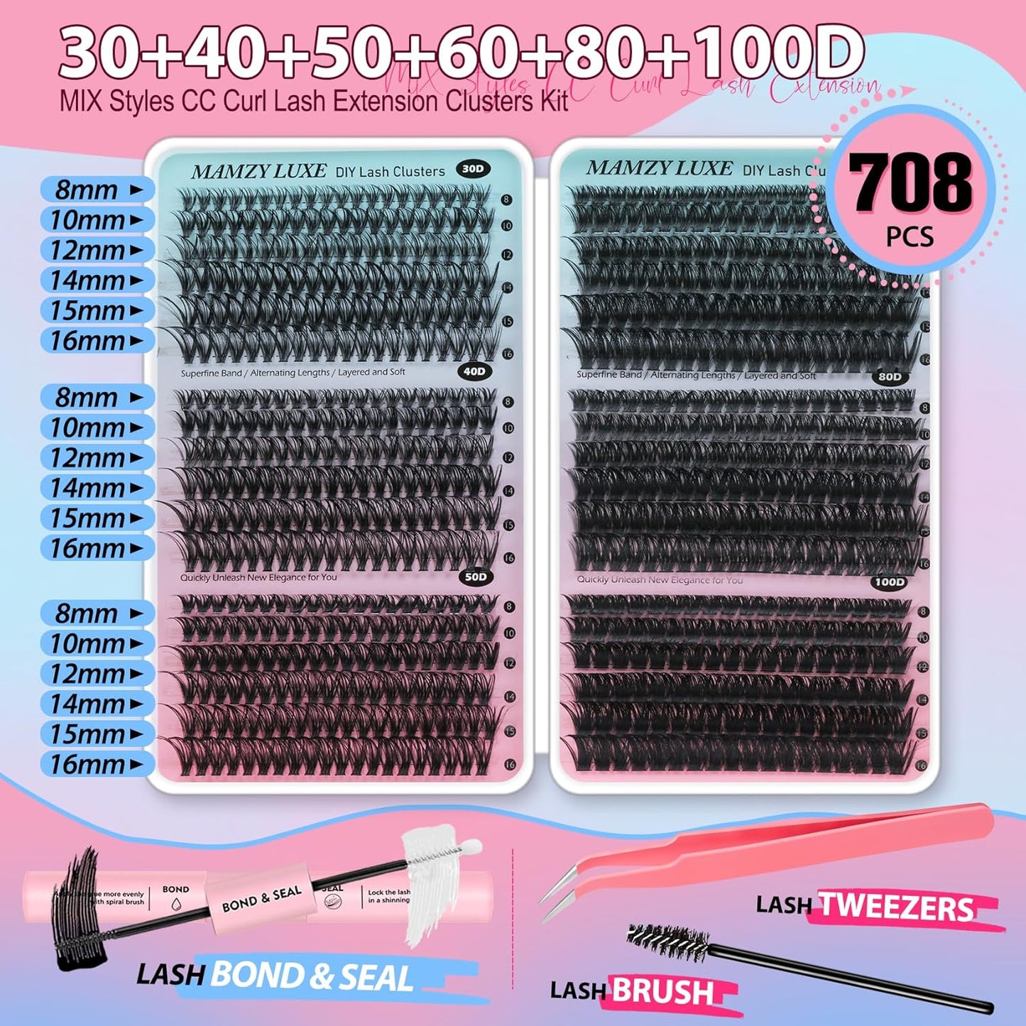 Lash Clusters Kit - 708 Pcs Individual Eyelash Extensions | 30D-100D Wispy Lashes with Bond, Seal & Tweezers - 10-16mm Mix
