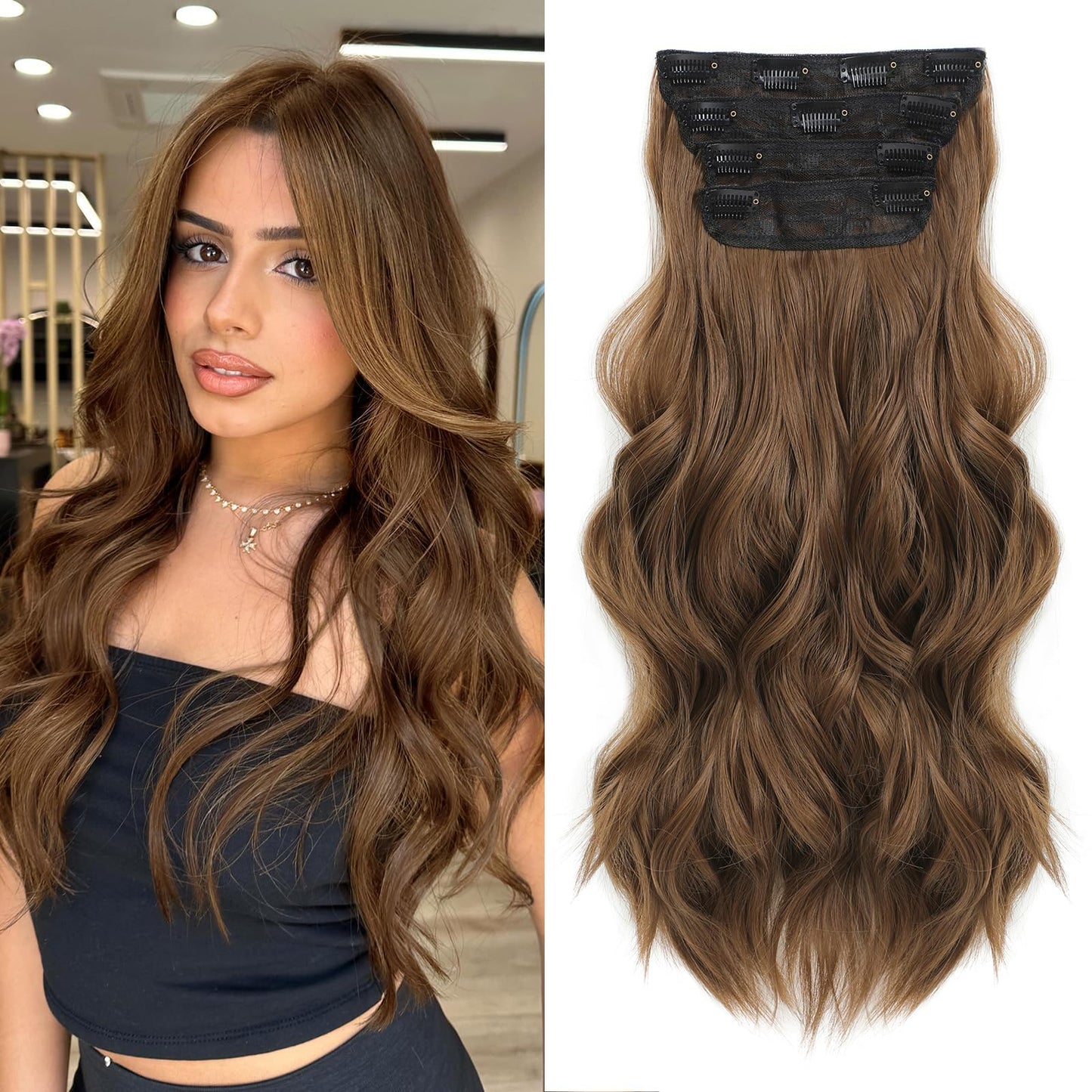 20” Brown Clip in Hair Extensions Long Wavy Synthetic Extensions for Women