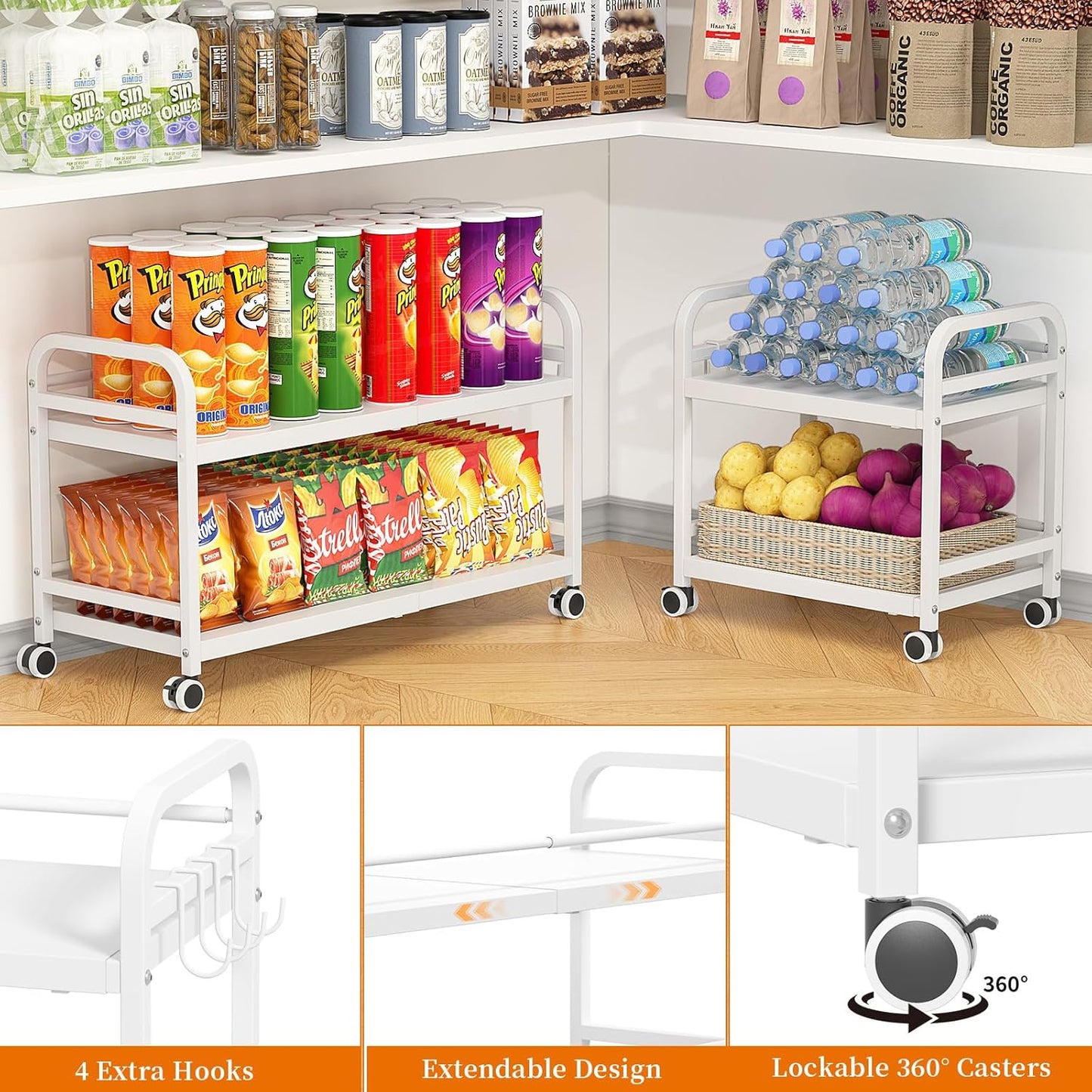 Expandable Rolling Cart - 2-Tier Metal Pantry Storage Organizer with Wheels | Adjustable Under Desk Cart for Kitchen