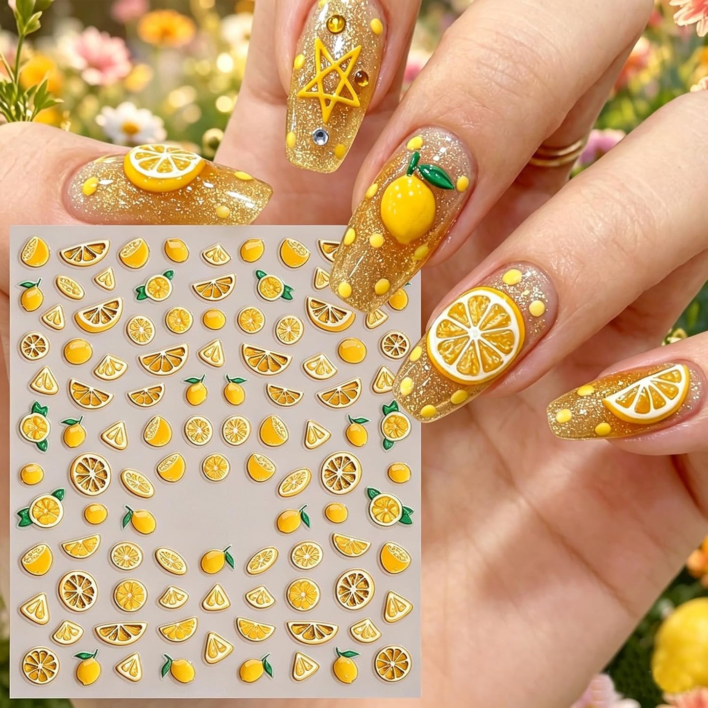 Lemon Nail Stickers - 5D Embossed Summer Fruit Slice Nail Art Decals | Cute Yellow Design for DIY Manicure