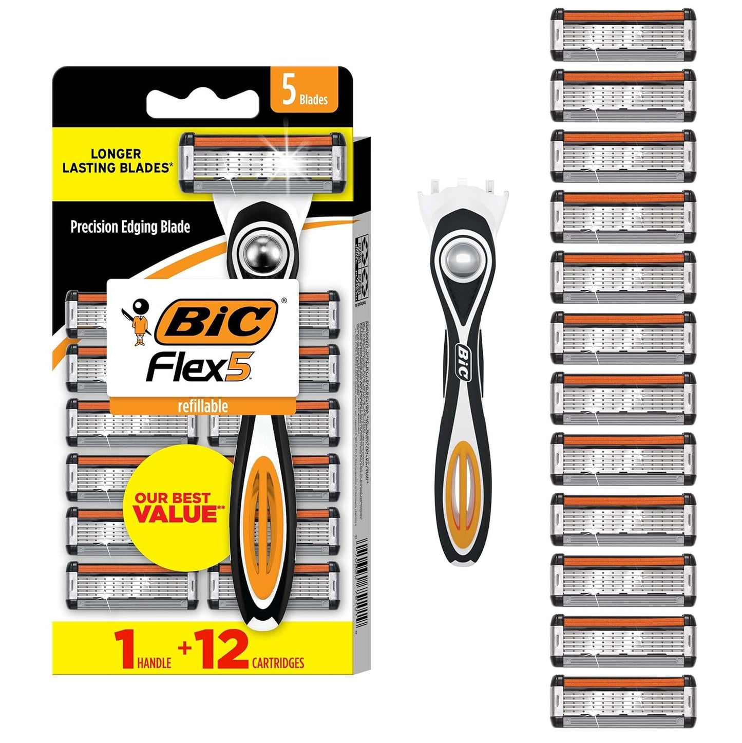 BIC Flex 5 Men's 5-Blade Razors - Refillable Shaving System with 12 Cartridges | Smooth Shave Gift Set