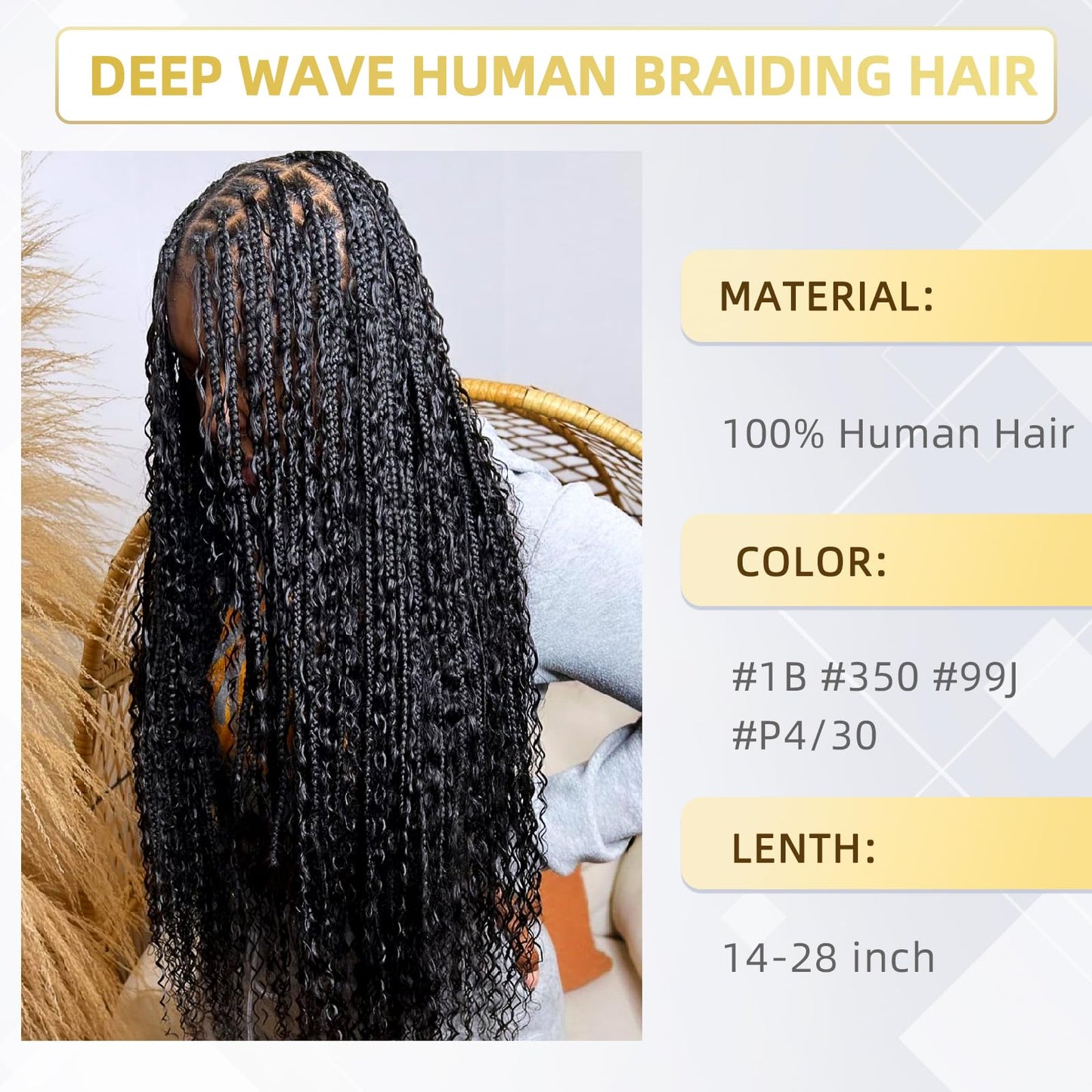 Boho Hair for Braiding 100g 20 Inch Deep Wave Bulk Human Hair 100% Unprocessed 12A Brazilian Virgin Human Braiding Hair for Boho Braids Knotless 2 Bundles/Pack Natural Color