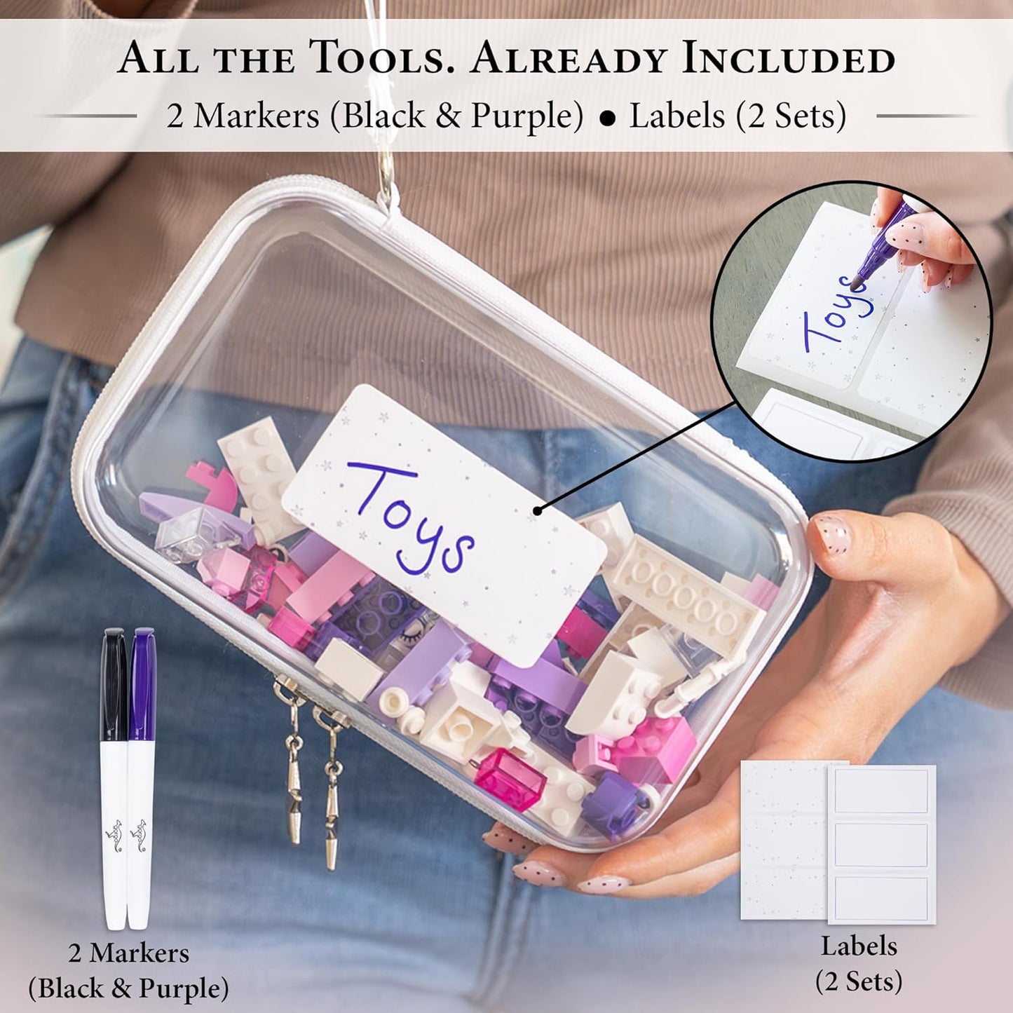 Clear Hard Shell Zipper Case Set - 3 Large Travel Organizers, 120s Thick PET Plastic, Dual Zippers & Charms | Removable Straps & Labels