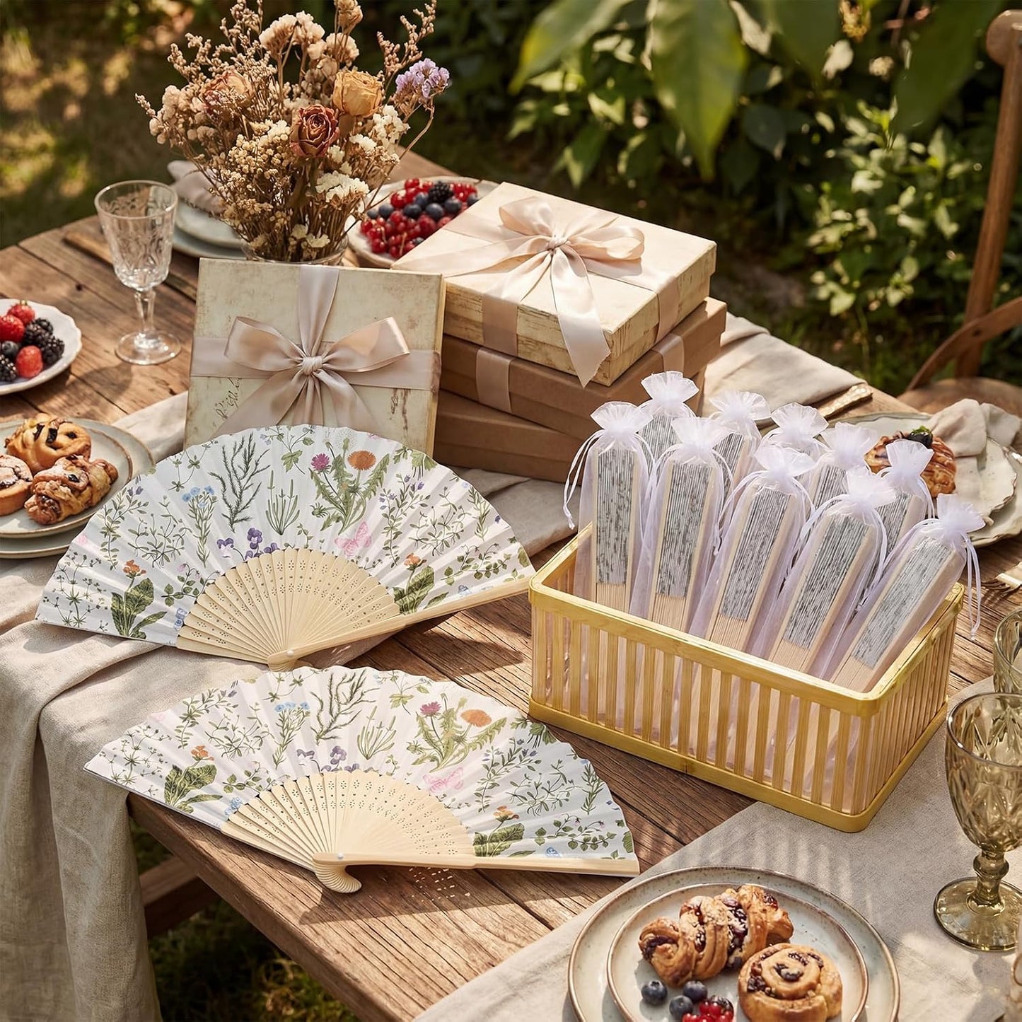 Wildflower Folding Hand Fan Set - 25 Vintage Paper Fans with Organza Bags | Perfect for Weddings & Tea Parties