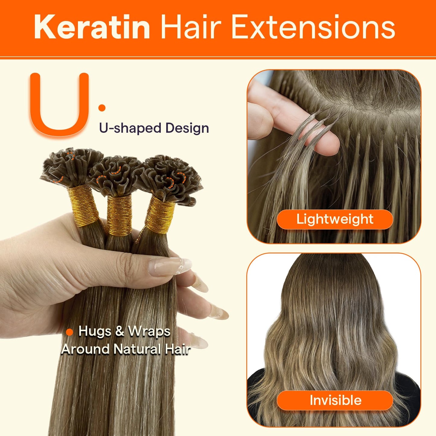 Full Shine K Tip Hair Extensions Real Human Hair 3 Medium Brown Ombre to 8 Ash Brown and 22 Honey Blonde U Tip Hair Extensions Human Hair 40 Grams 14 Inch Remy Hair for Women