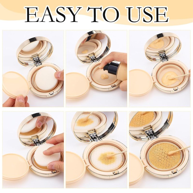 Gold Empty Cushion Foundation Makeup Sponge Holder - 7 Pcs Portable Makeup Container with Extra Sponges & Mirror