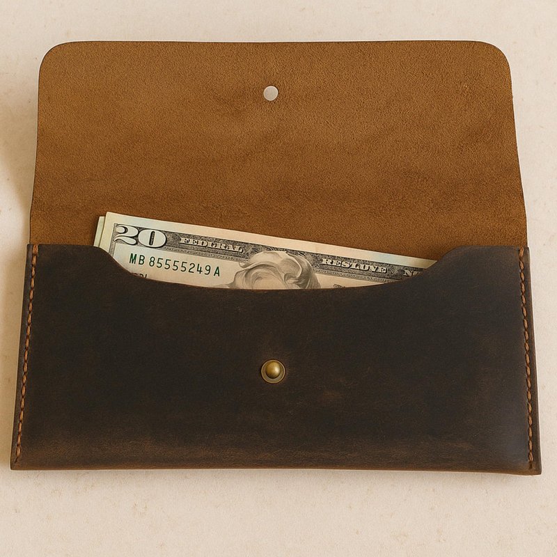 CestAntiQ, Leather Currency Pouch Large Flap Continental Wallet, Utility Organizer Bag for Cash Coins Travel Leather Money Pouch Envelope Storage Bag and Cash Organizer Men Women (Dark Brown)