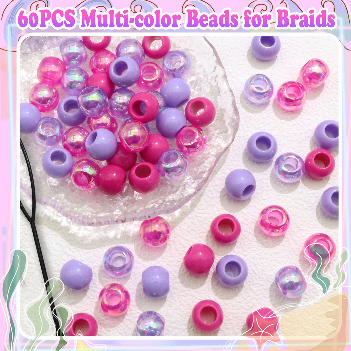 NAISKA 60PCS Purple Hair Beads Round Braids Bead Mermaid Beads for Hair Loc Jewelry Rose Red Hair Bead Dredlock Decor Braids Accessories