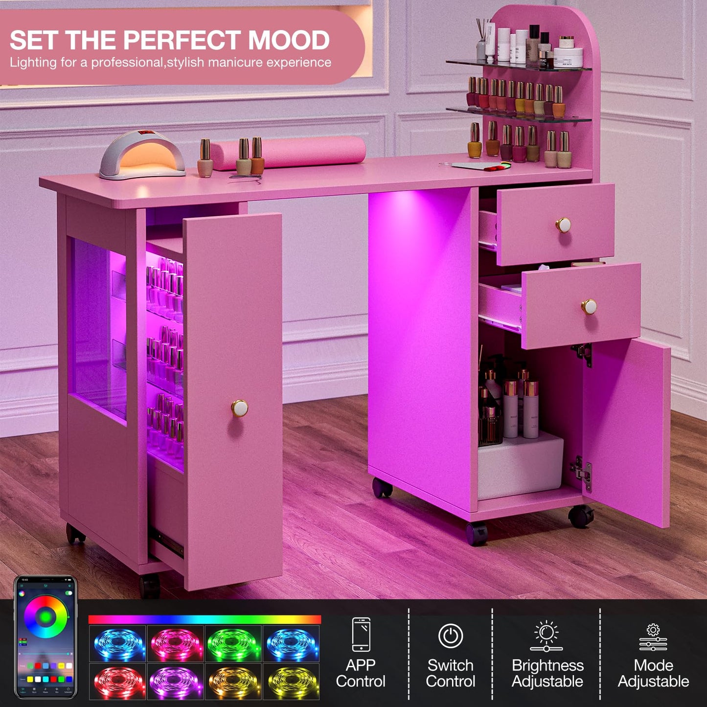 TTGIEET Professional Nail Desk for Nail Tech w/LED Light Display Cabinet, Rolling Manicure Table with Lockable Wheels, Storage Drawers, Wrist Cushion, Acetone Resistant, for Beauty Salon, Spa & Home