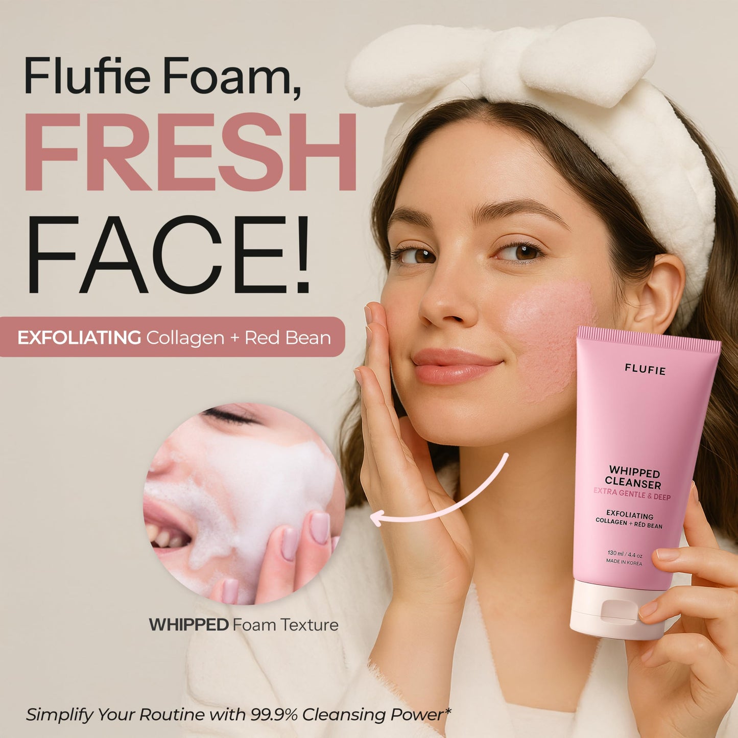 Flufie Whipped Facial Cleanser with Collagen & Red Bean – Gentle Exfoliating, Hydrating & Brightening for Smooth Skin – Dermatologist Tested, Anti-Aging, Korean Skin Care – Clean Beauty – 4.4 Oz