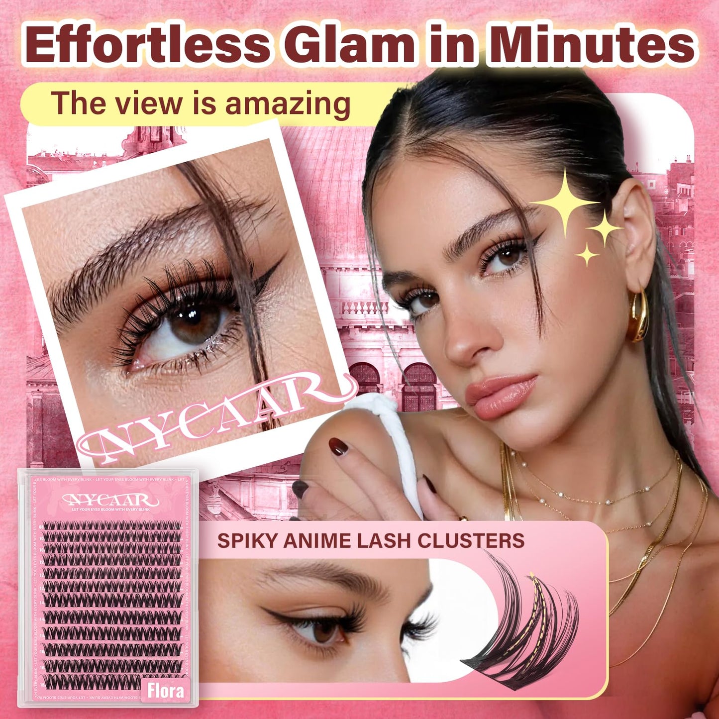 NYCAAR Flaunt Manga Lash Clusters Kit Wispy Flora Lash Extension Kit with 132pcs Eyelash Clusters in D Curl 8-18mm, Ultra-Thin Band, Includes Bond and Seal, Remover & Applicators for DIY at Home