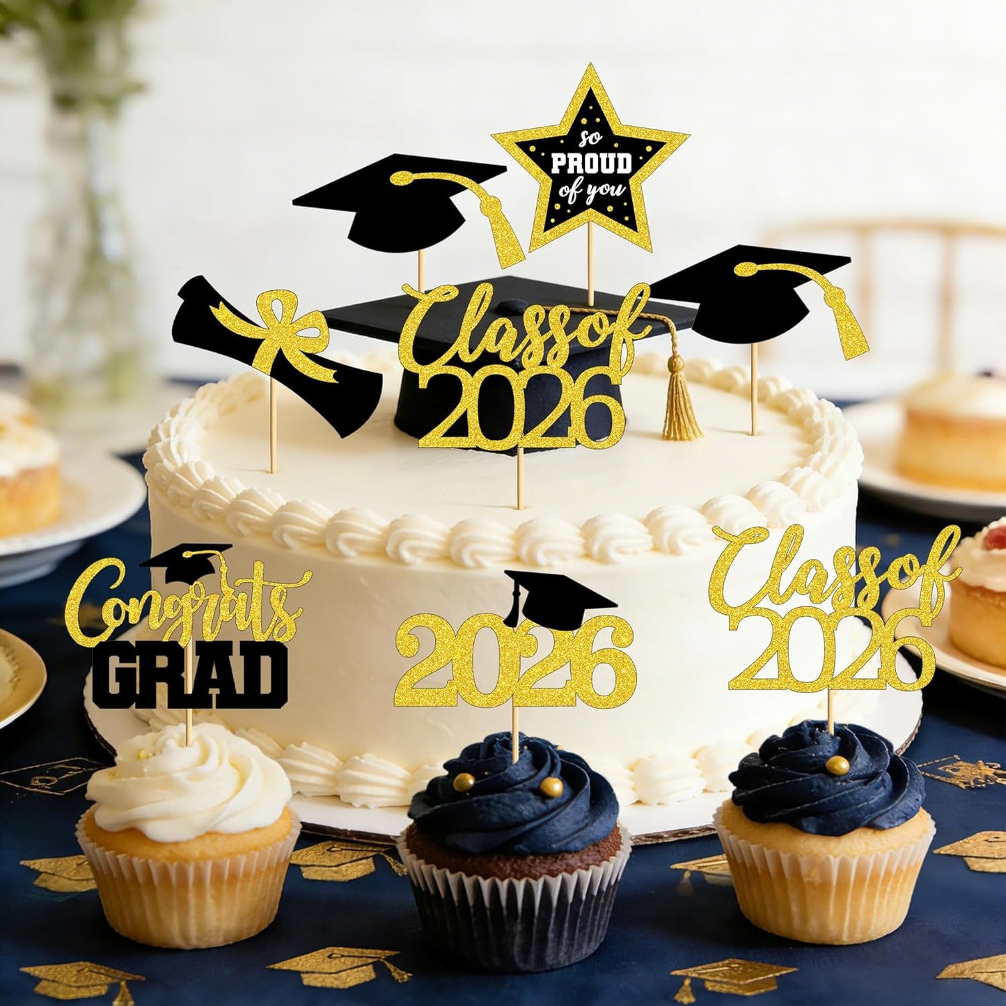 Graduation Cupcake Toppers - 48 PCS Black & Gold Congrats Grad Decorations | Glittery Cap & Diploma Picks for 2026 Party