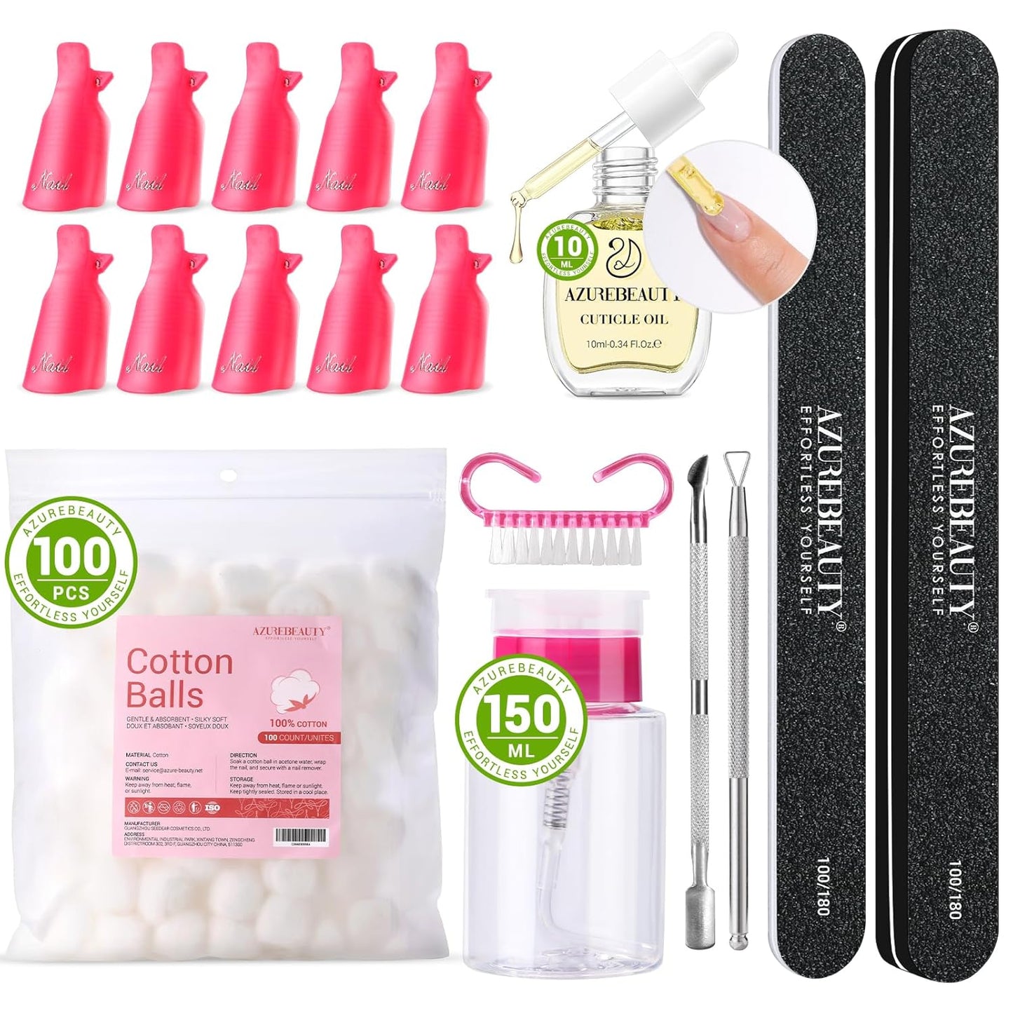 Nail Polish Gel Remover Kit - 150ml Remover, Nail Clips, Cuticle Oil & 100 Cotton Balls | Complete Nail Art Tools Set