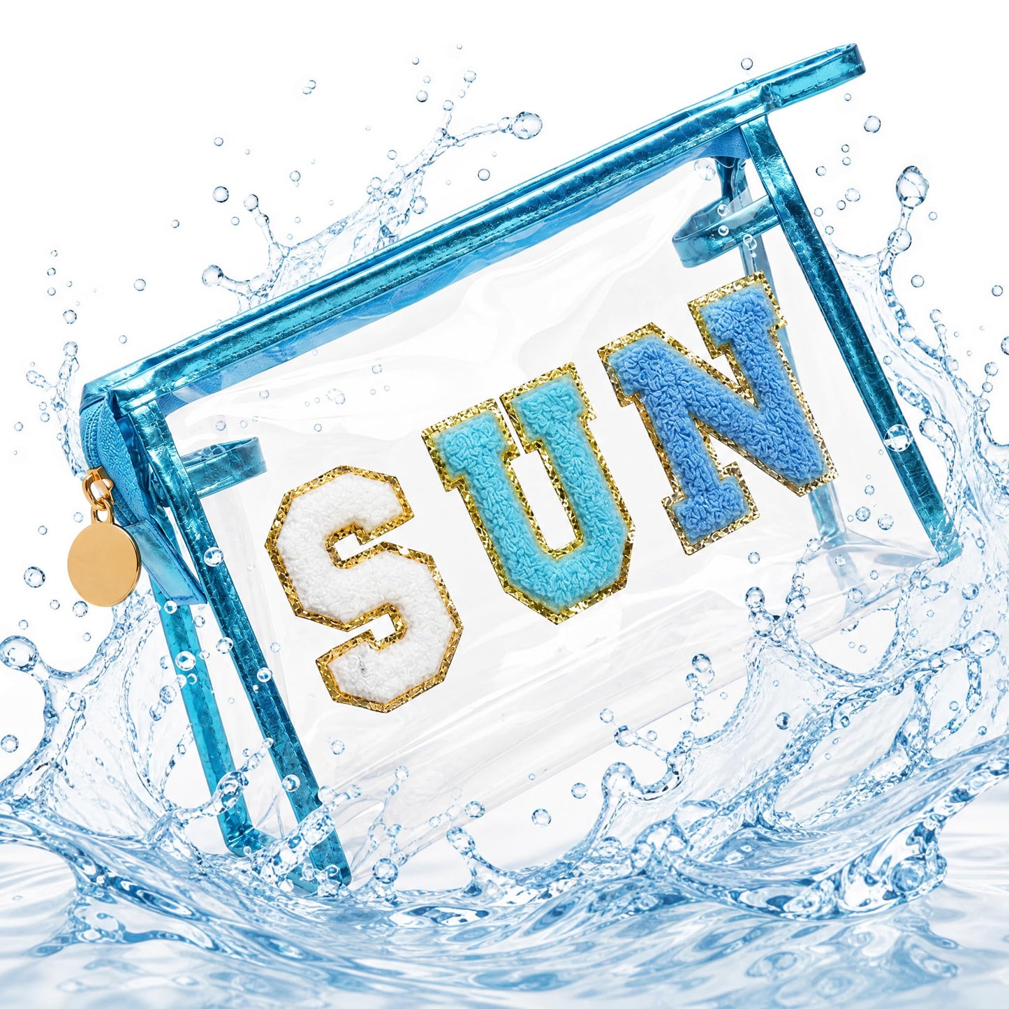 NOVAHAUS Clear Sunscreen Bag Makeup Toiletry Pouch, Waterproof Travel Cosmetic Organizer for Beach Pool Vacation, Transparent Sunscreen Bags with Blue Design for Women Teen Girls