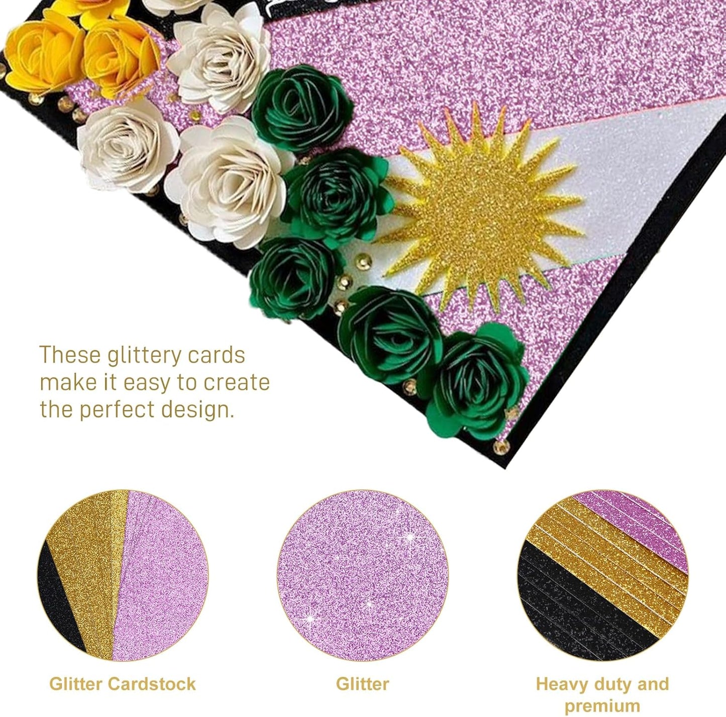 Graduation Cap Decorations Kit - 12 Pcs Glitter Cardstock & 4 Pcs Gemstone Stickers | DIY Grad Cap Toppers