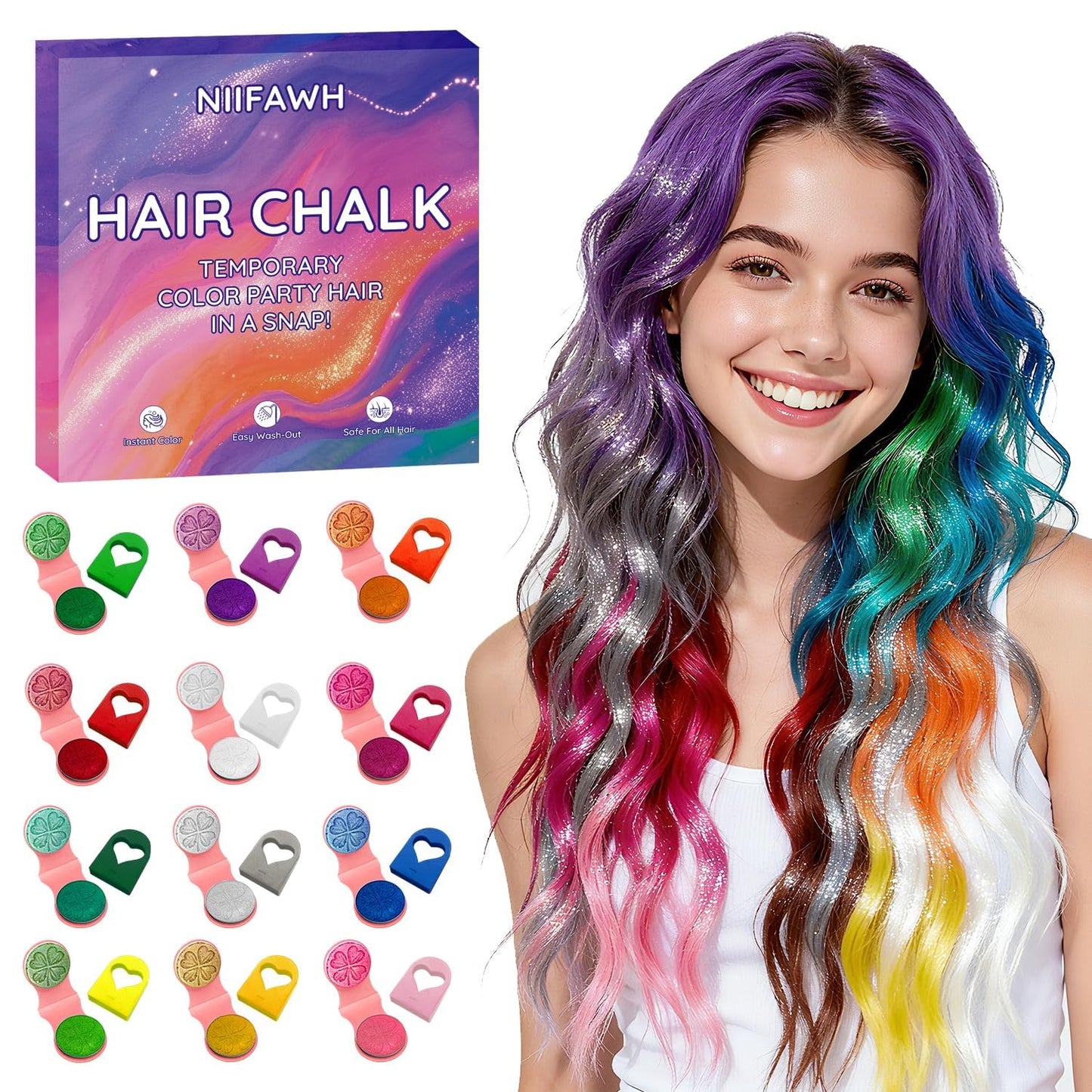 Glitter Hair Chalk Set - 12 Vibrant Colors for Temporary Sparkle | Safe, Non-Toxic & Easily Washable - Perfect for Parties & Events