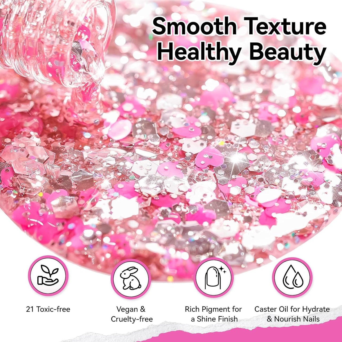 Hot Pink Hearts Confetti Nail Polish - Quick Dry Vegan Formula | Ombre Sparkle for DIY Manicure