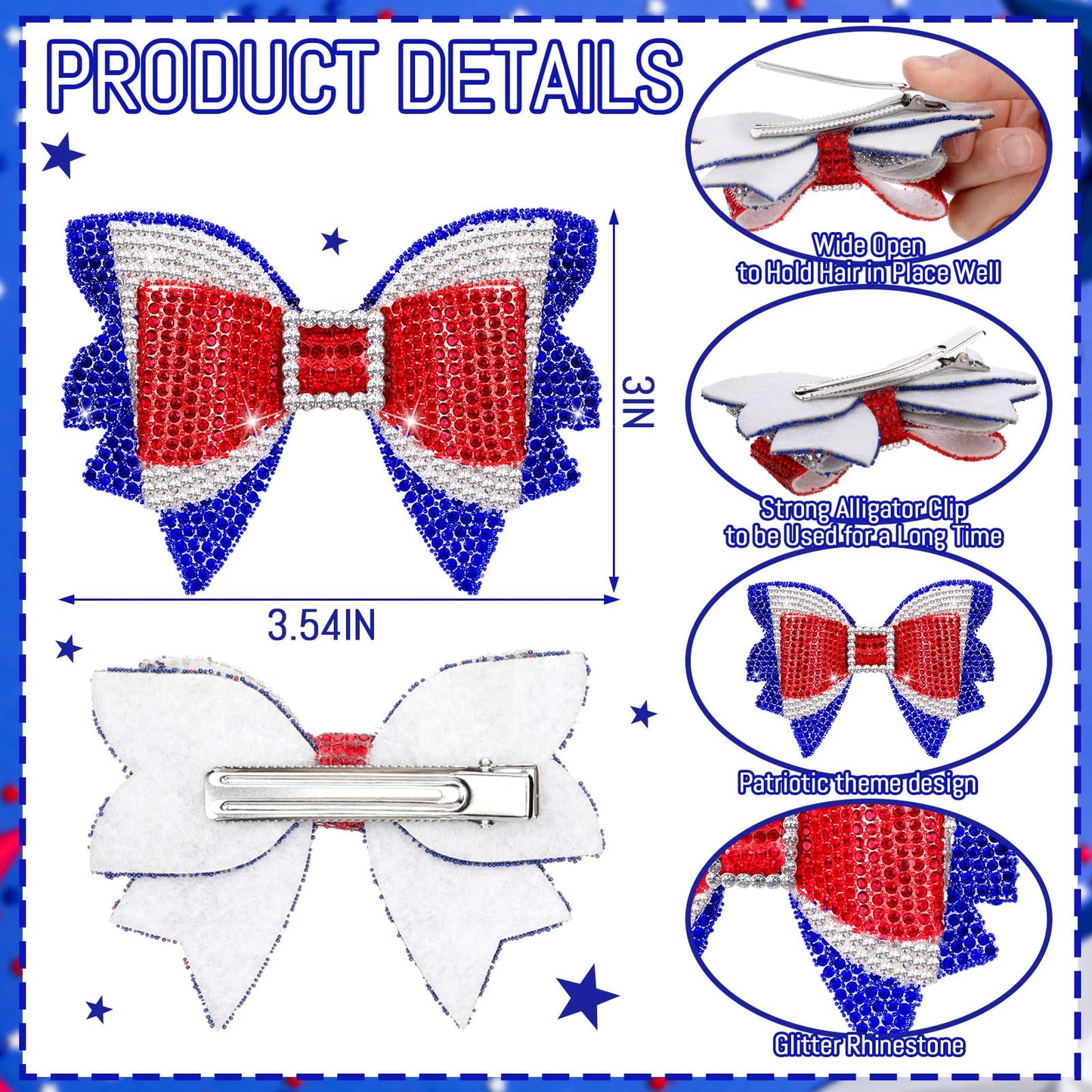 Solsew 2Pcs 4th of July Hair Bows Red White Blue Rhinestone Clips for Women