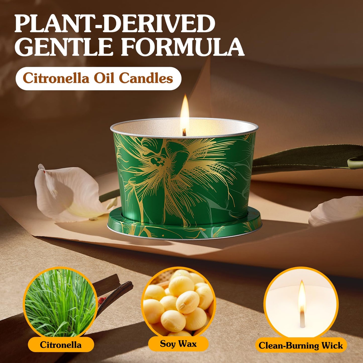 Citronella Candles Outdoor for Patio-3pcs Natural Soy Wax Portable Citronella Oil Candles in Decorative Tins, Long Lasting Summer Essentials for Camping, Backyard BBQ, Gardening & Outdoor Dining